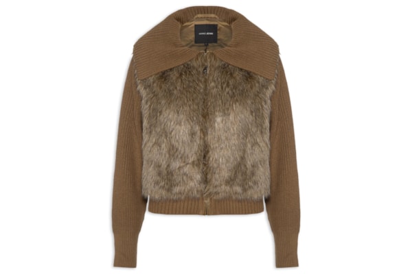 Jaqueta Feminina De Pelo Acabamentos Em Tricot - Marrom