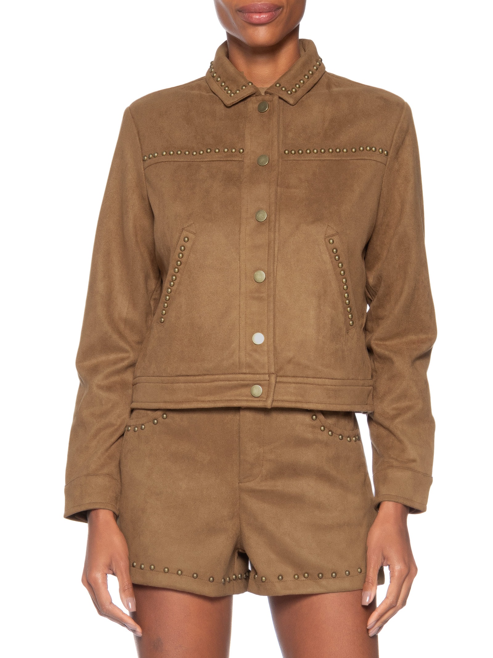 Jaqueta Feminina em Suede com Tachas Marrom Market 33
