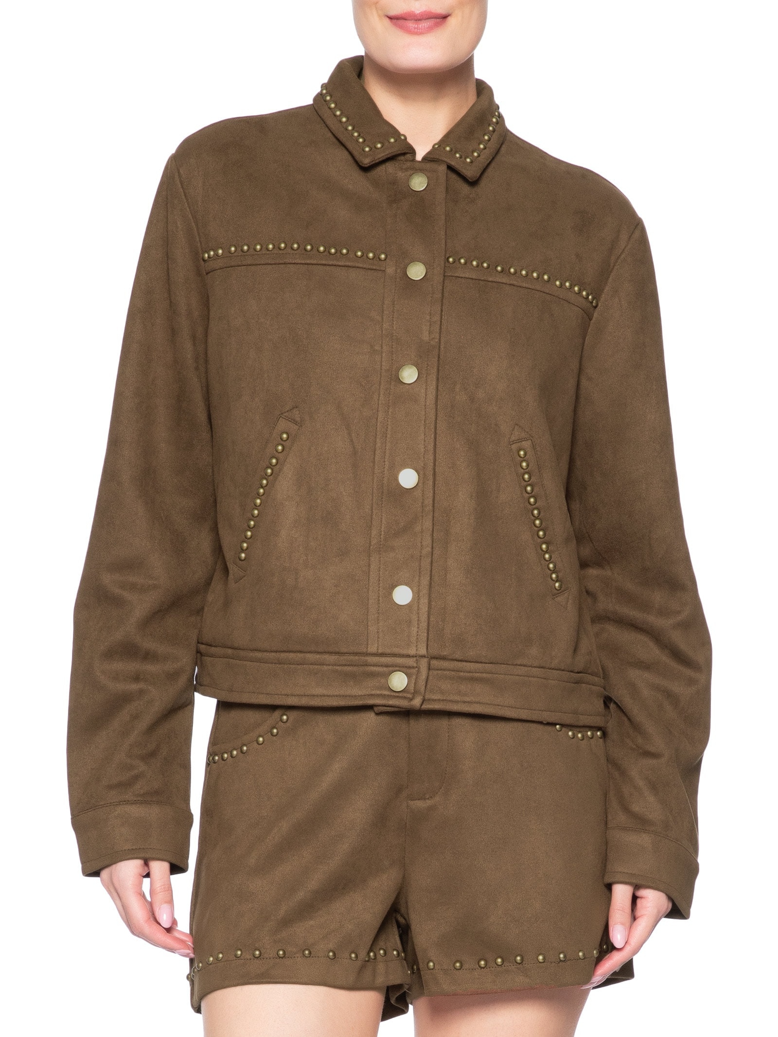 Jaqueta Feminina em Suede com Tachas Marrom Market 33
