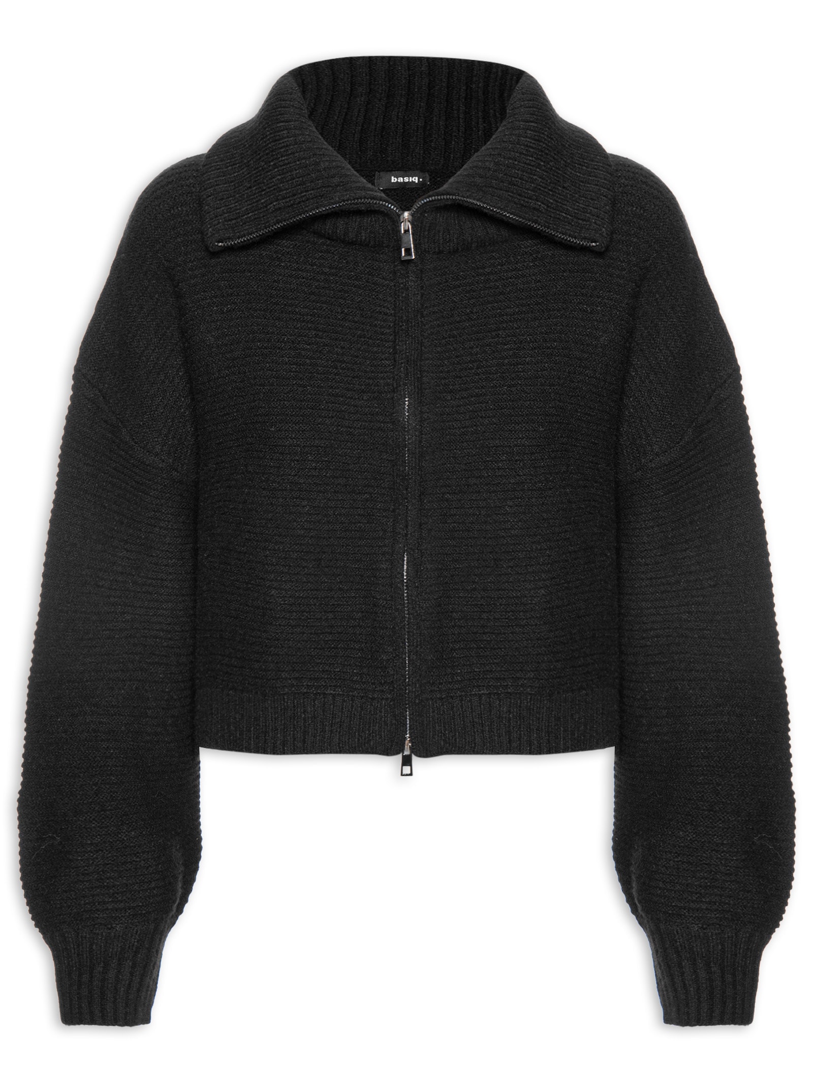 Jaqueta Feminina Em Tricot Zíper Duplo Preto Basiq