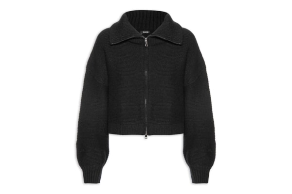 Jaqueta Feminina Em Tricot Zíper Duplo - Preto