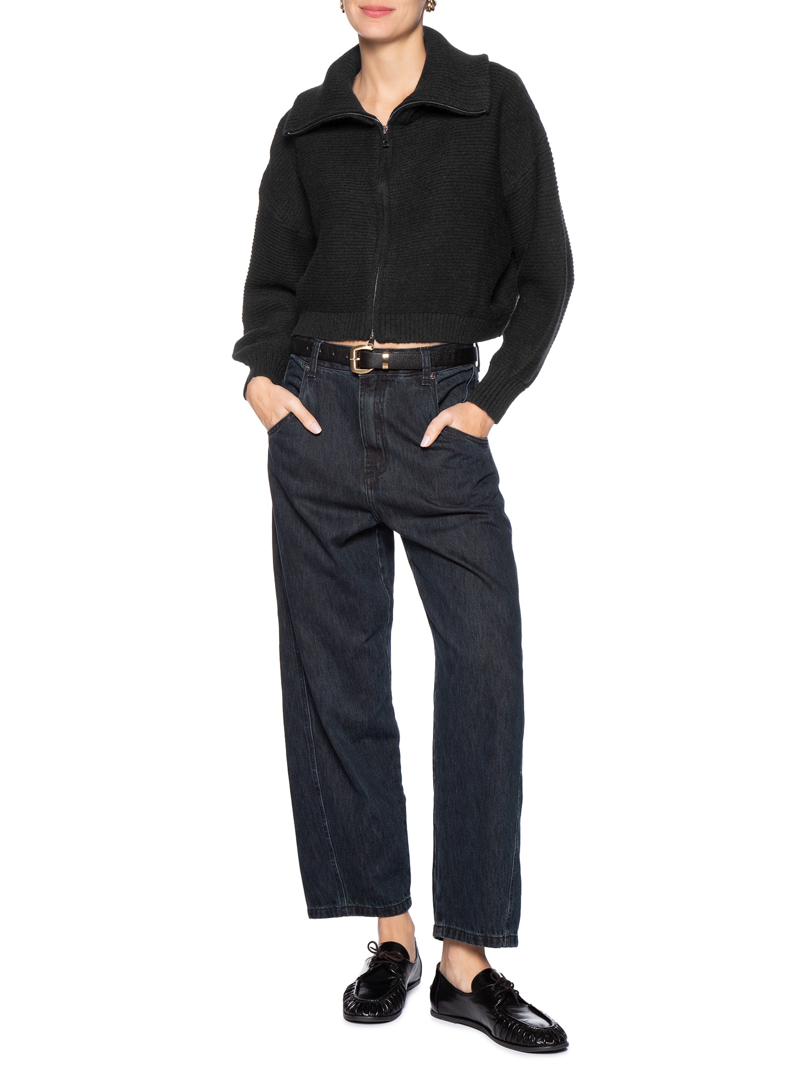 Jaqueta Feminina Em Tricot Zíper Duplo Preto Basiq