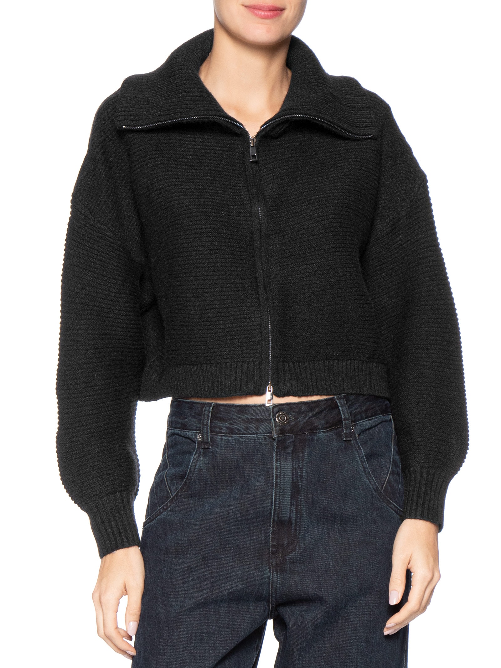 Jaqueta Feminina Em Tricot Zíper Duplo Preto Basiq