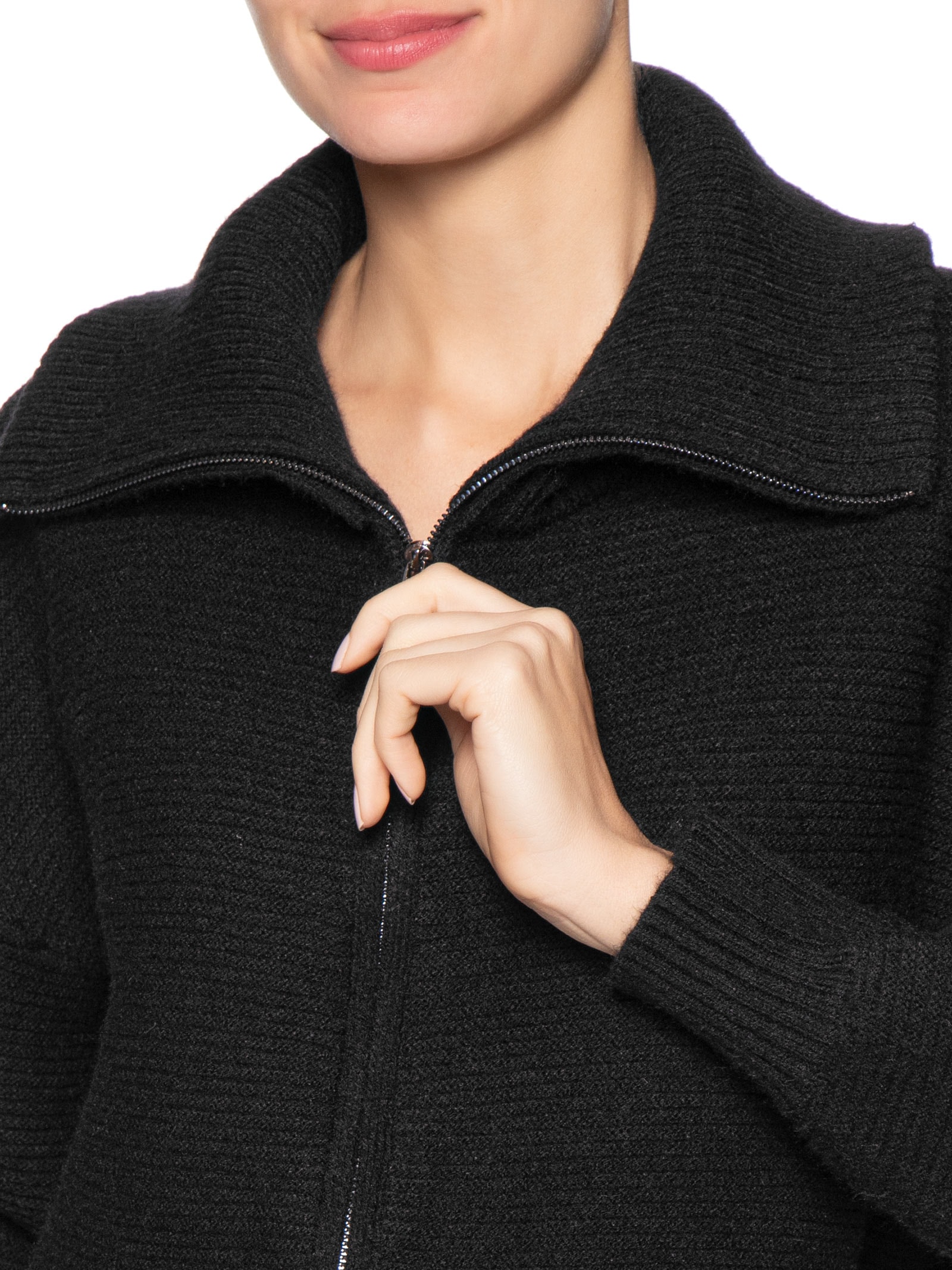 Jaqueta Feminina Em Tricot Zíper Duplo Preto Basiq