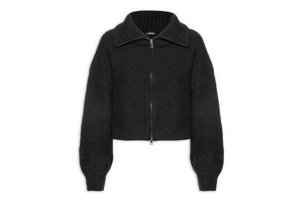 Jaqueta Feminina Em Tricot Zíper Duplo - Preto