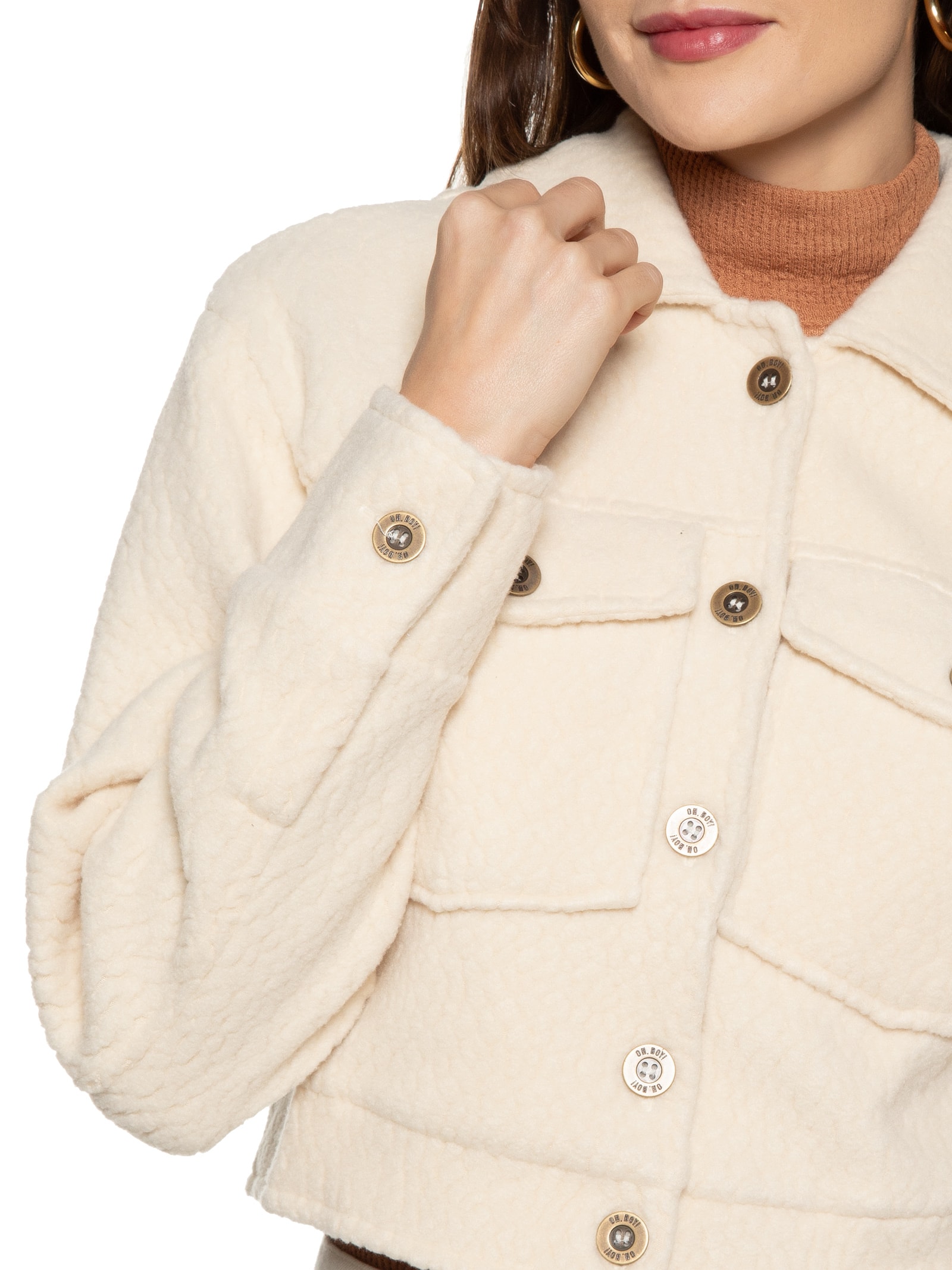 Oh Boy! - Jaqueta Feminina Fleece Bolsos - Off White