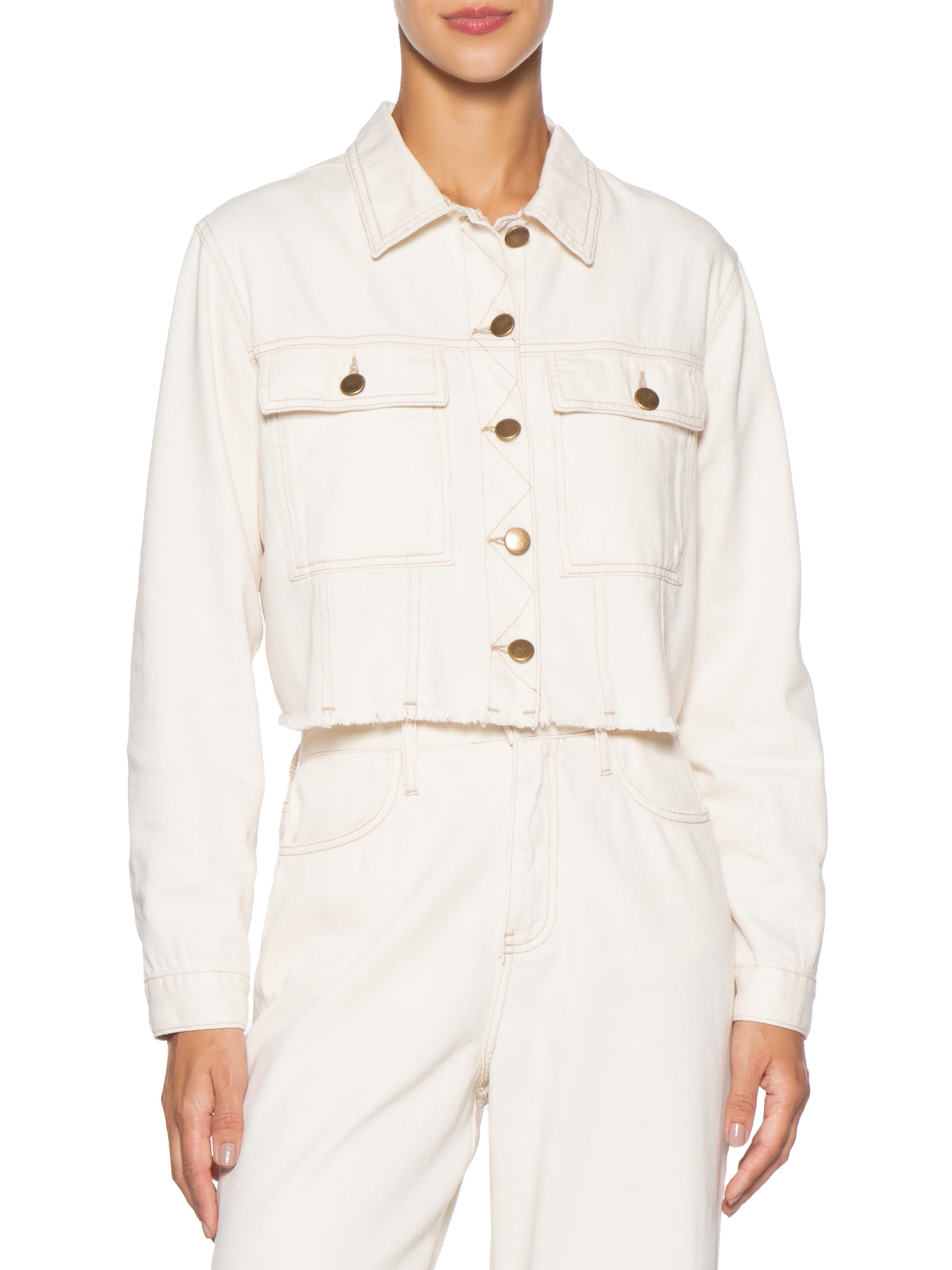 Jaqueta Feminina Jeans Com Bolso Off White Basiq