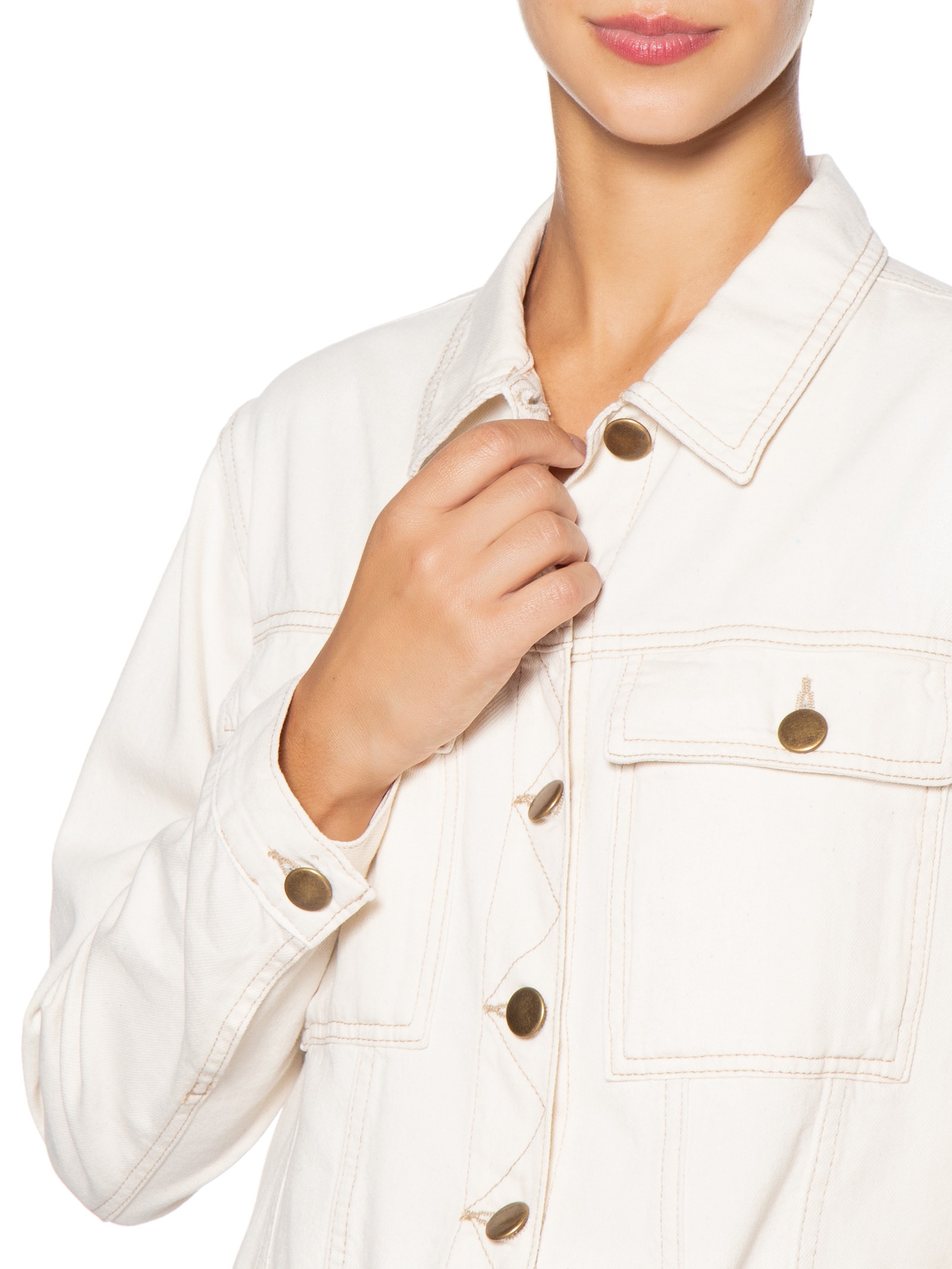 Jaqueta Feminina Jeans Com Bolso Off White Basiq