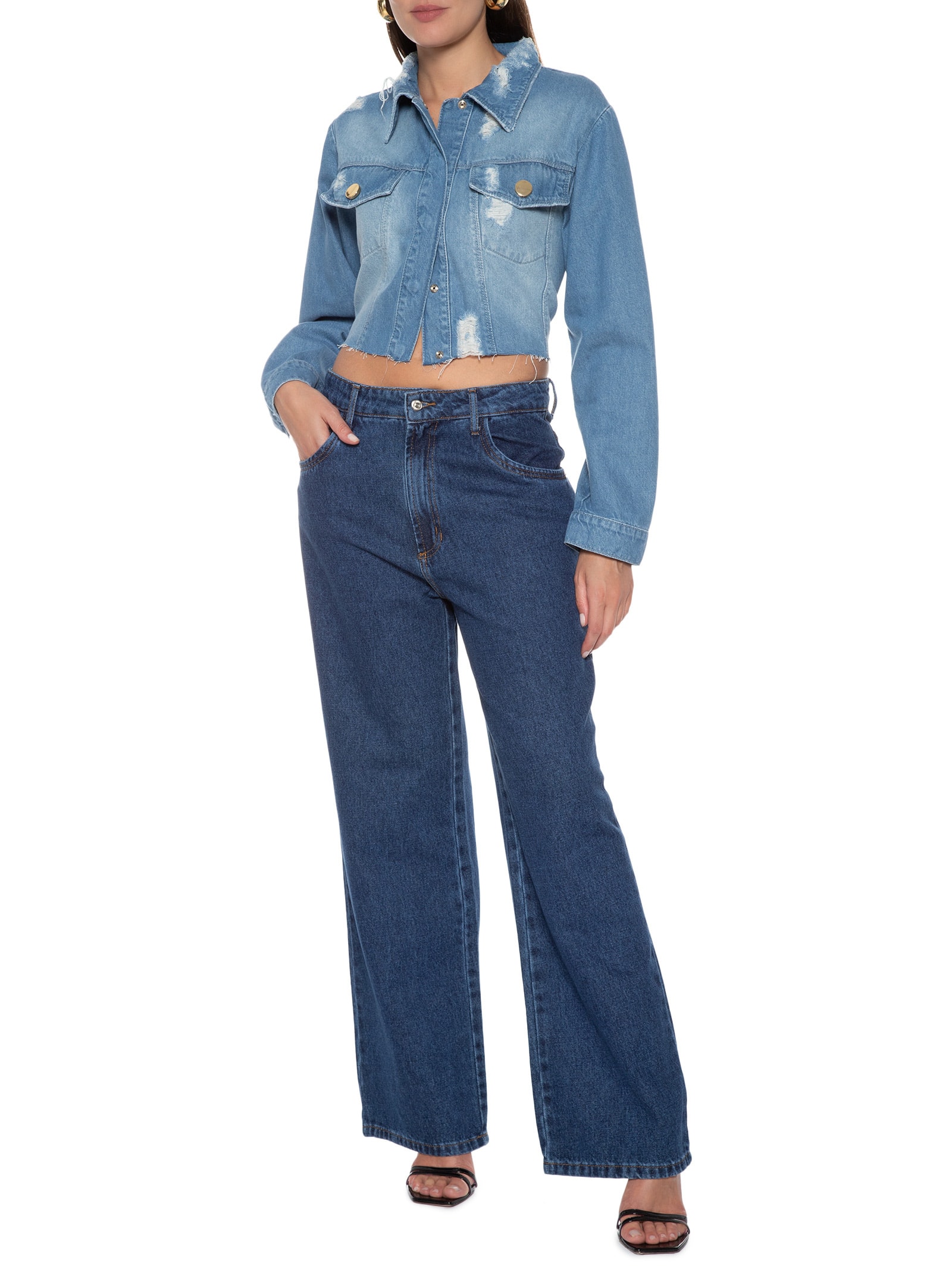 Jaqueta Feminina Jeans Cropped Azul Open