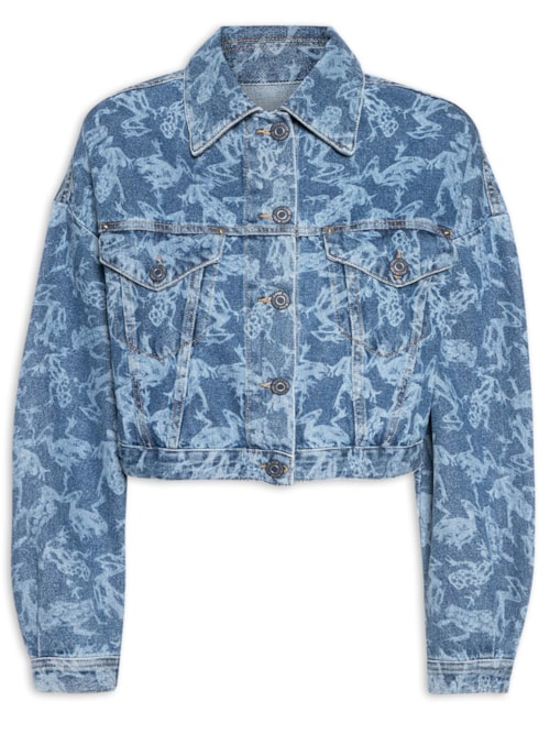 Jaqueta Feminina Jeans Cropped Estampa Frog – Azul