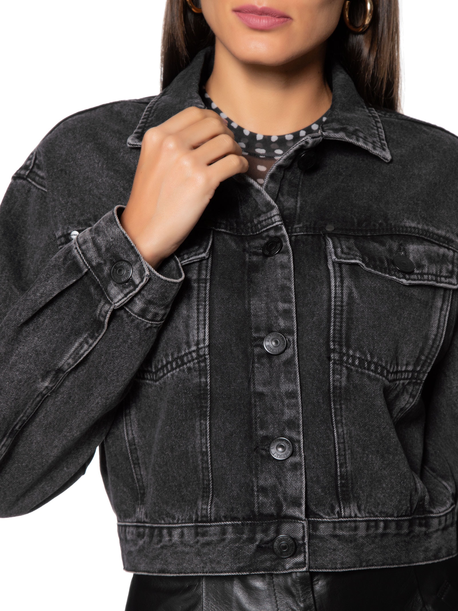 Jaqueta Feminina Jeans Cropped Animale Preto1