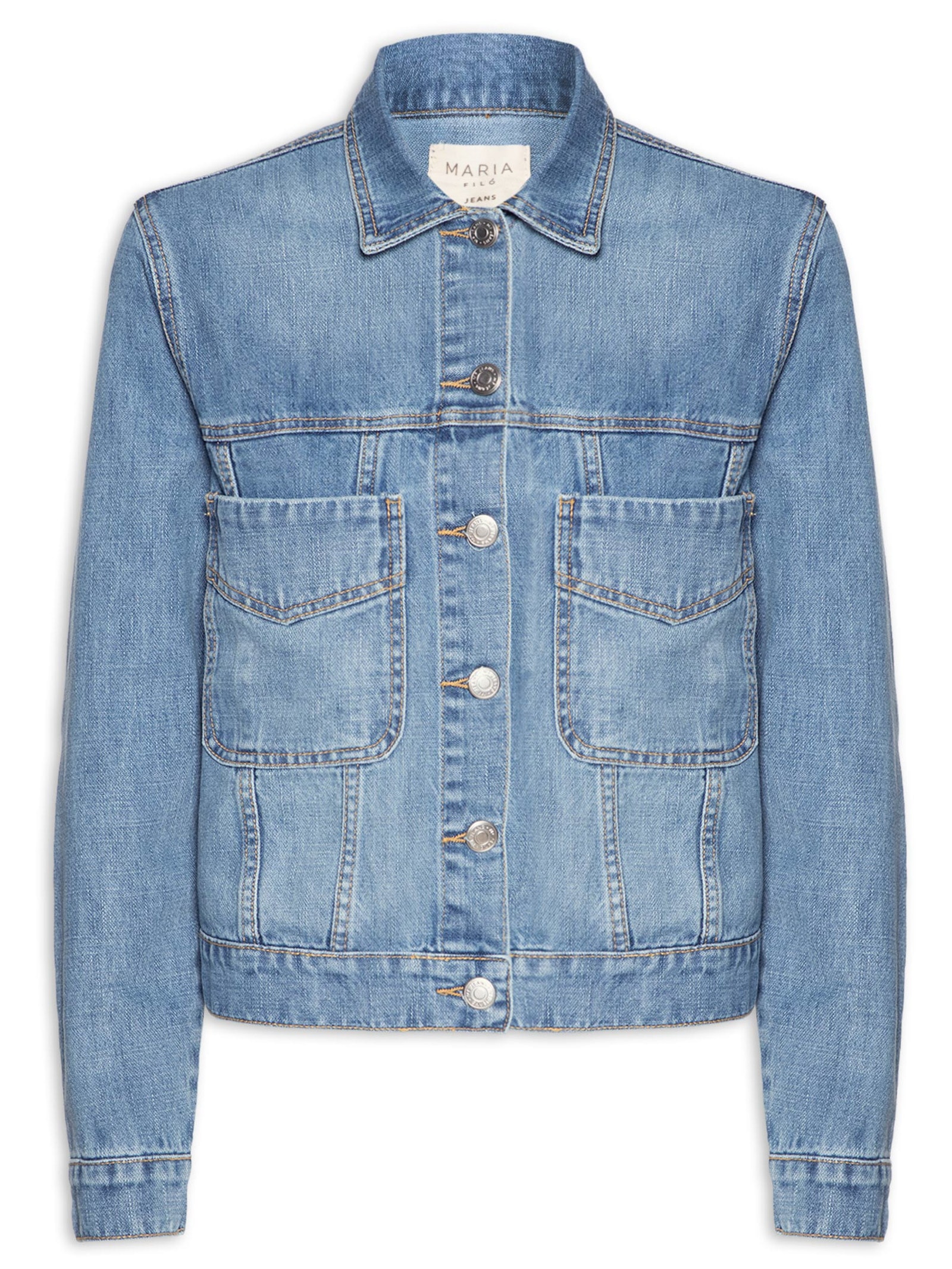 Jaqueta Feminina Jeans Gola Bordada Azul Maria Filó