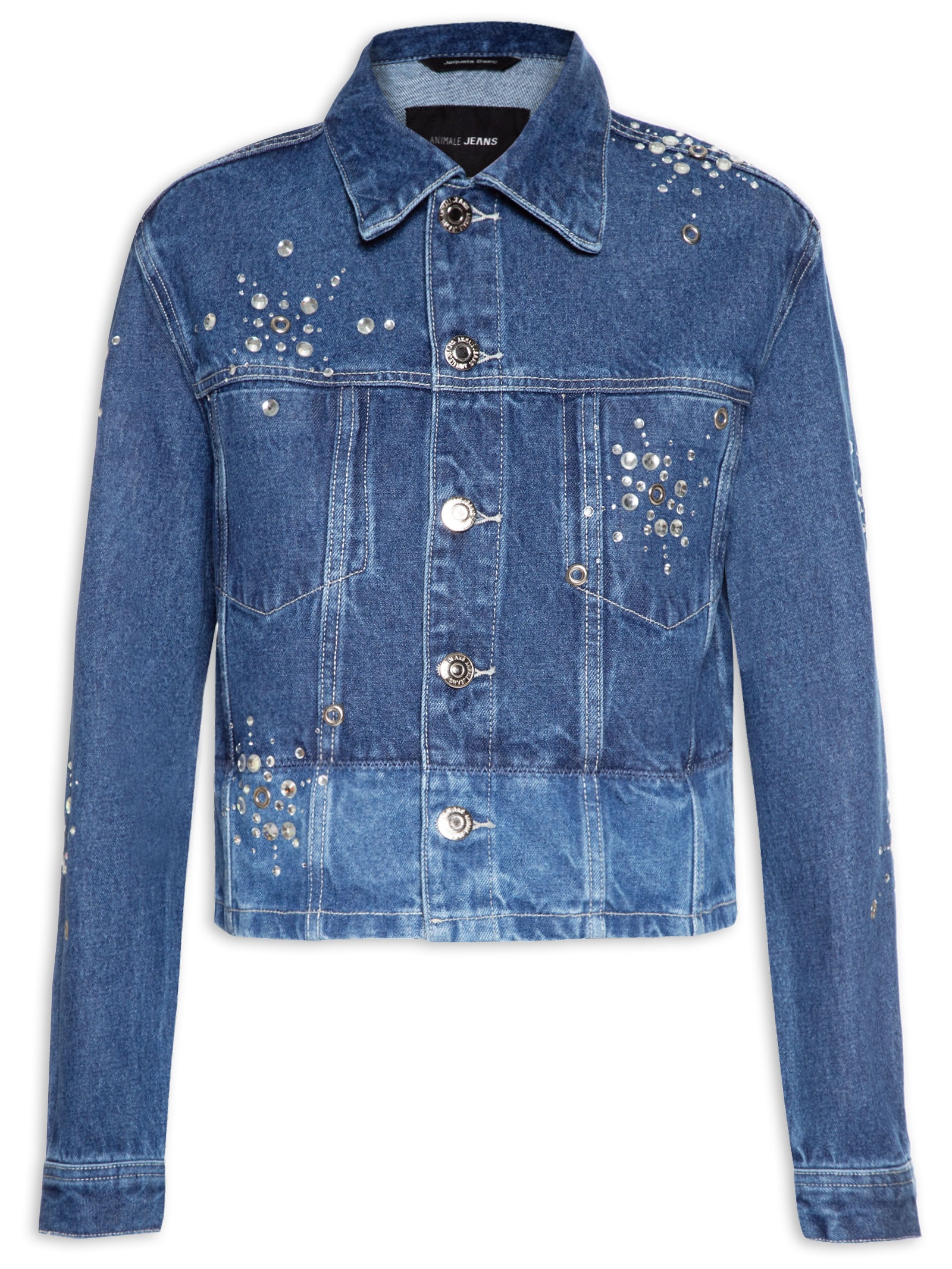 Jaqueta Feminina Jeans Recorte Zigzag Hot Fix Azul Animale Jeans