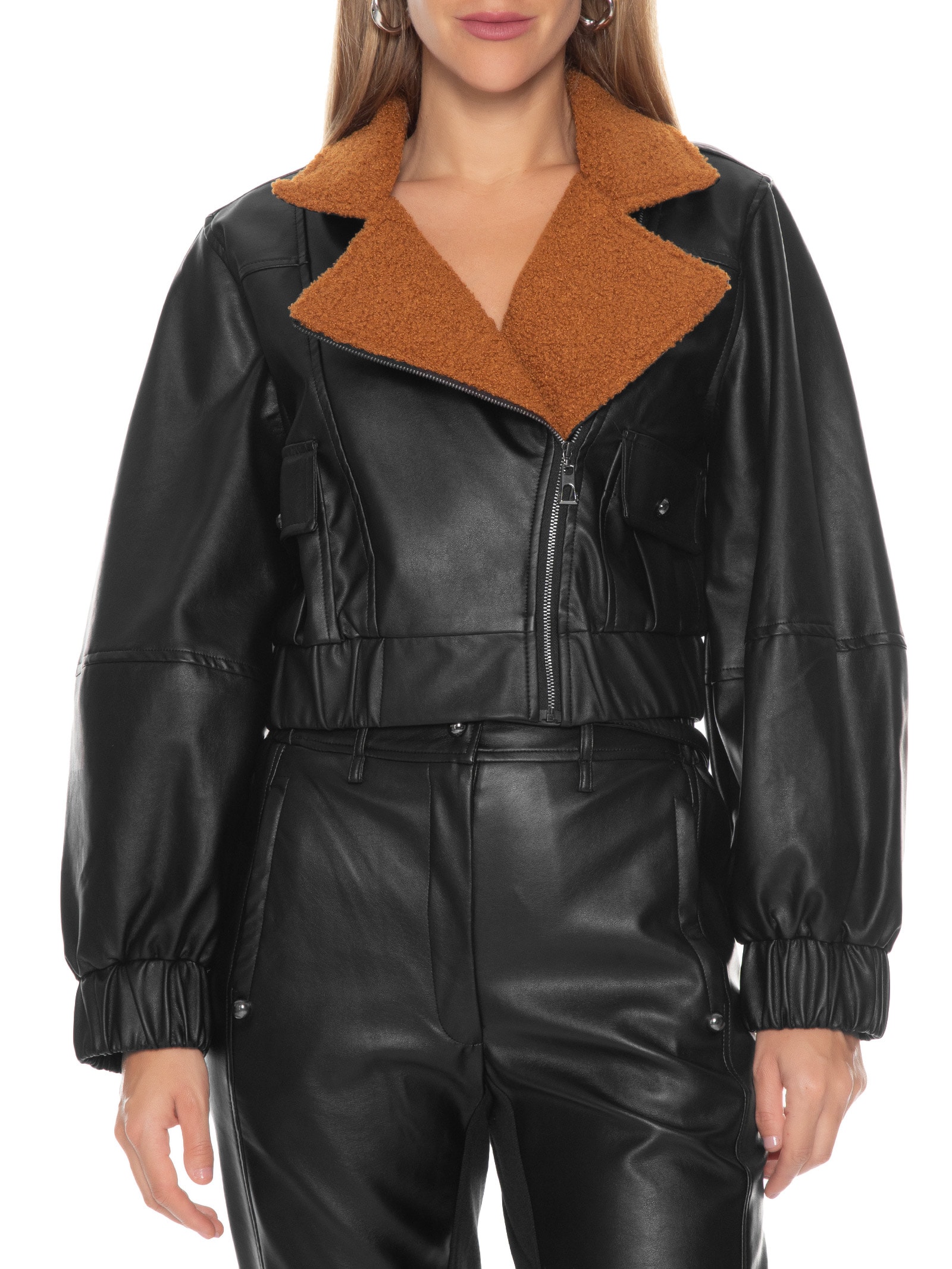 Open Jaqueta Feminina Lapela Peluciada Preto