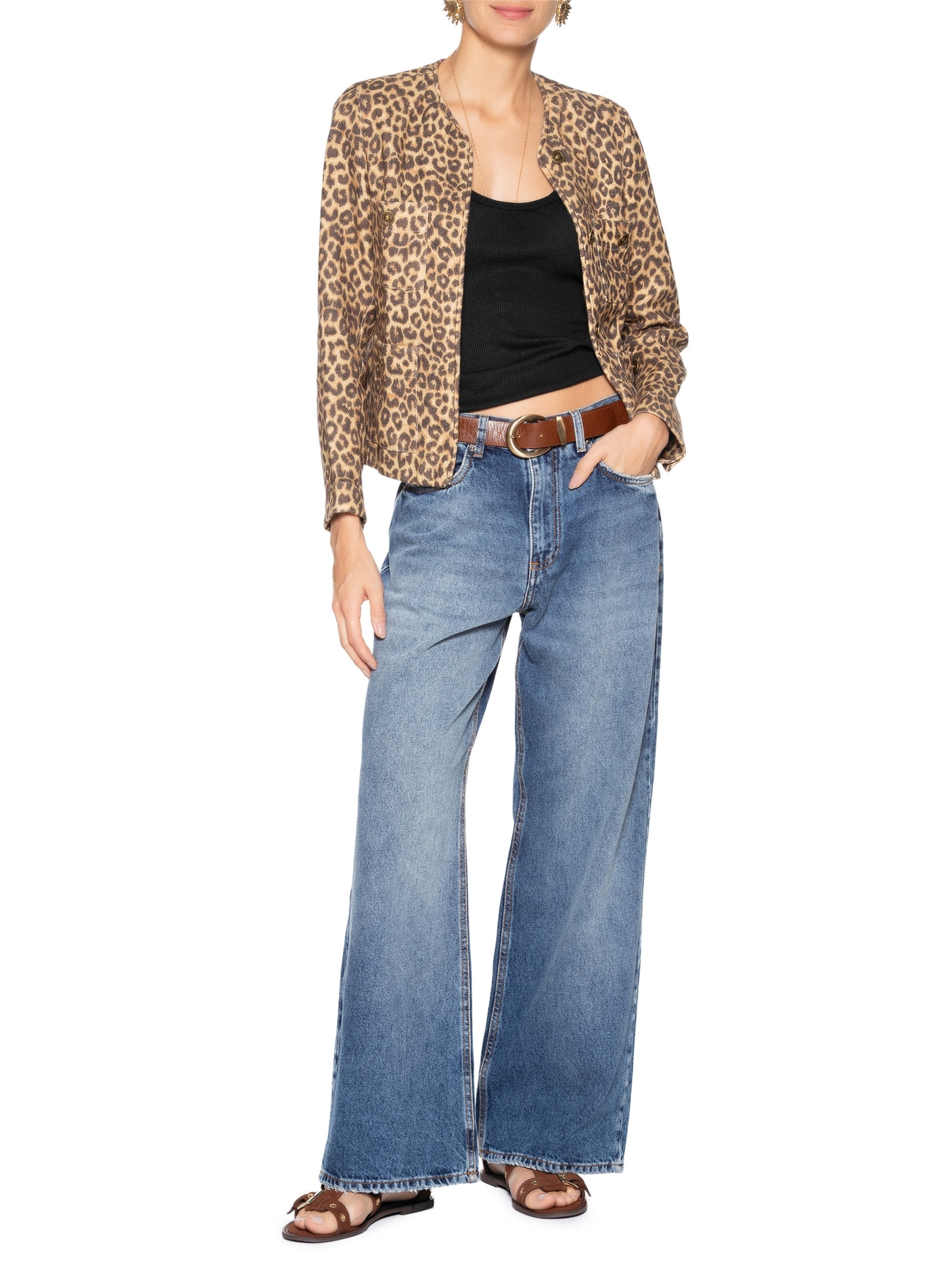 Jaqueta Feminina Linho Estampa Onça Animal Print Maria Filó