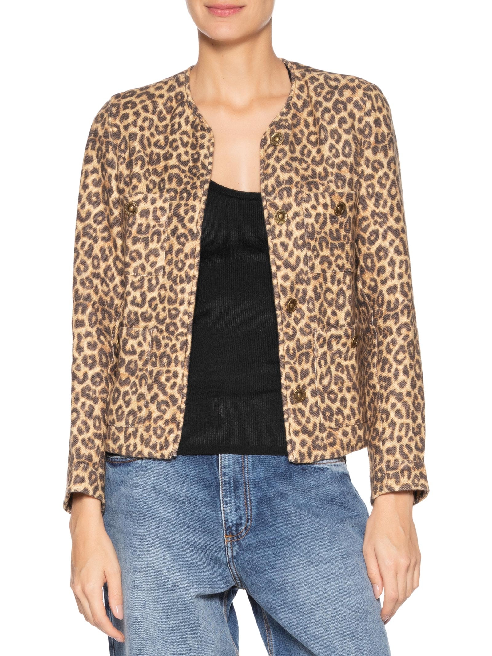 Jaqueta Feminina Linho Estampa Onça Animal Print Maria Filó