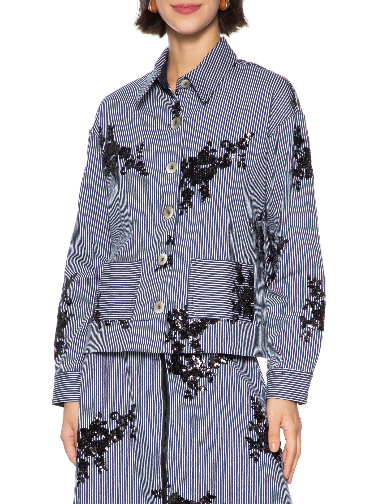 Cantão - Jaqueta Feminina Listra Bordado Floral Paetê - Azul