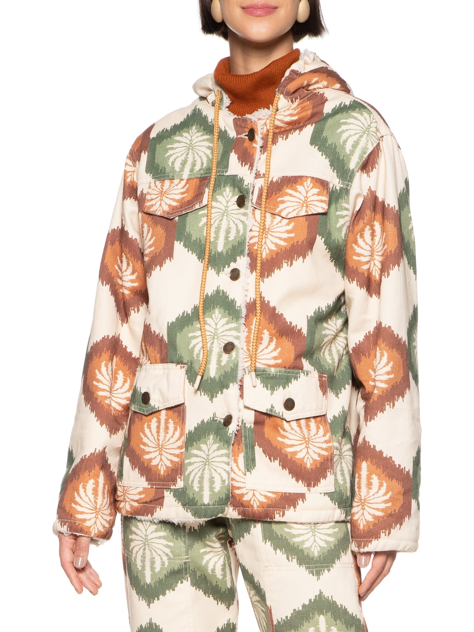 Jaqueta Feminina Parka Estampada Dublada Sherpa Bege Cacay