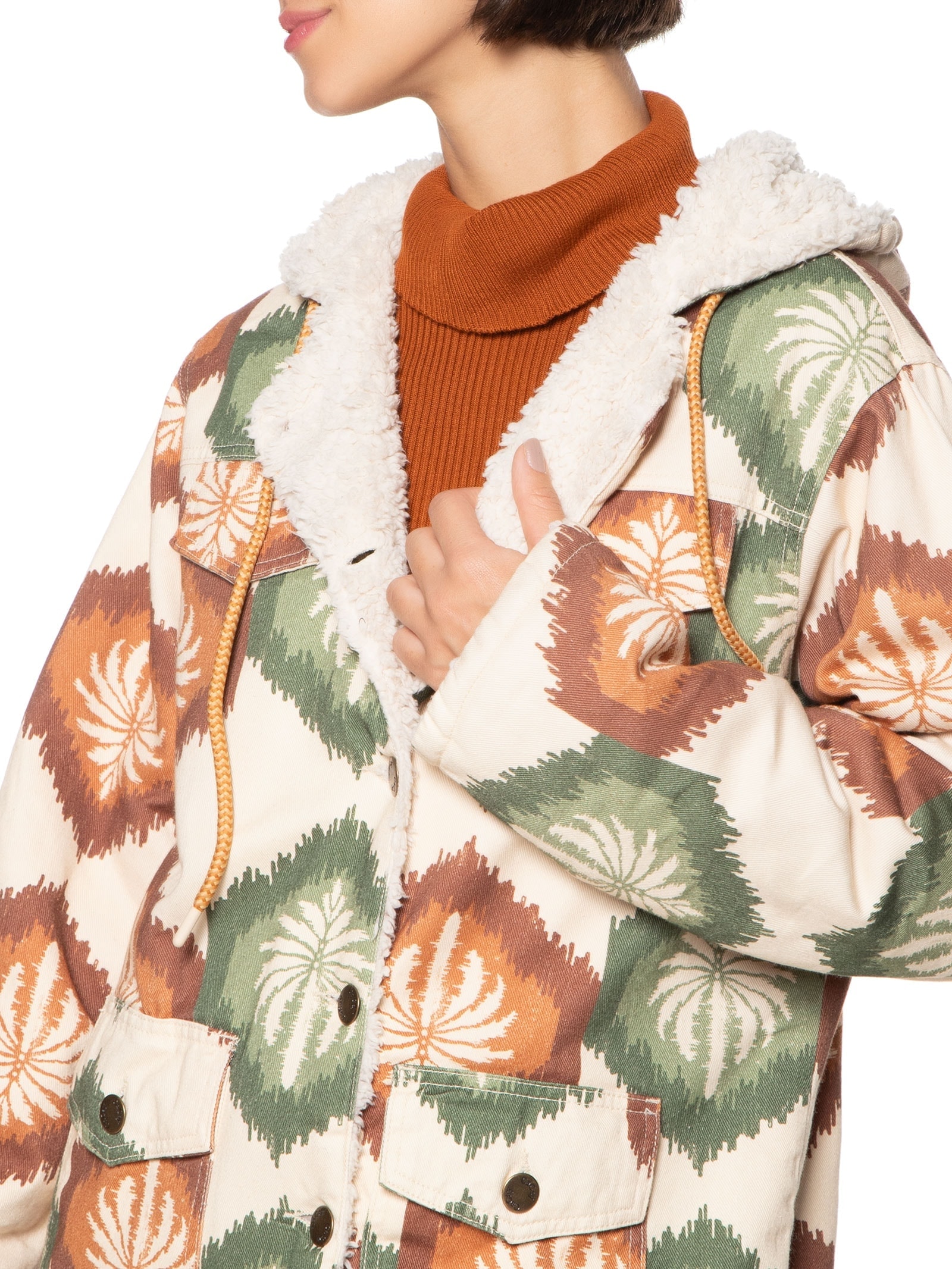 Jaqueta Feminina Parka Estampada Dublada Sherpa Bege Cacay