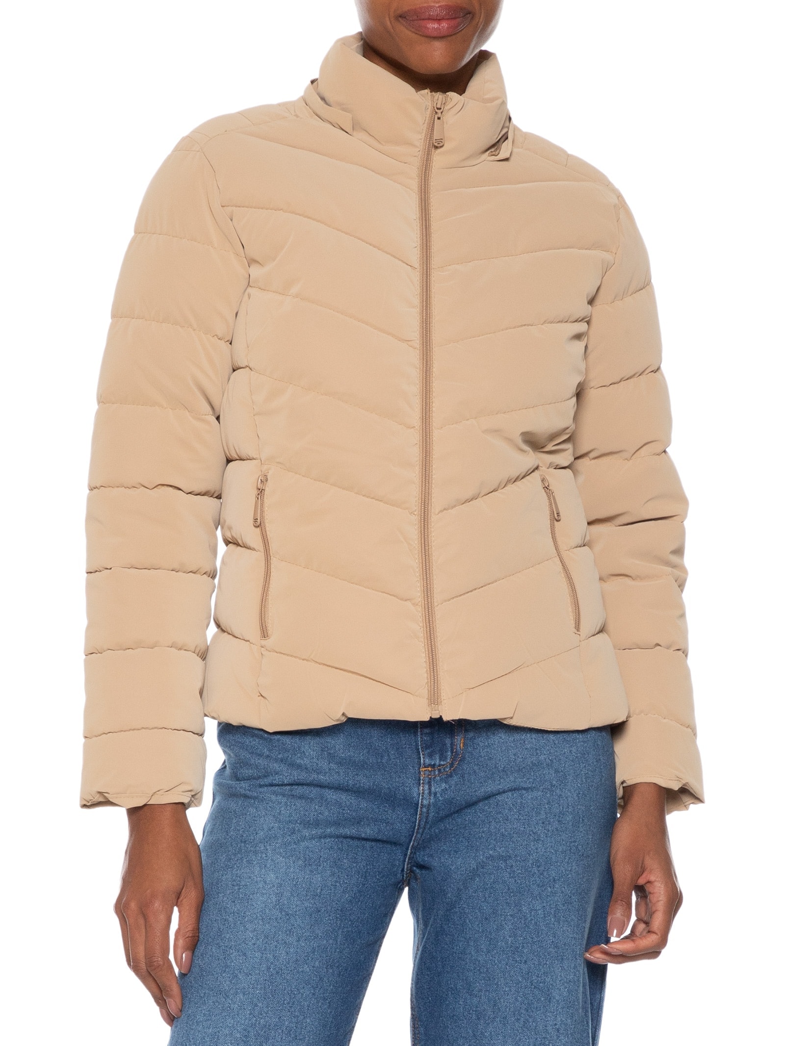 Jaqueta Feminina Puffer Com Bolso Bege Basiq