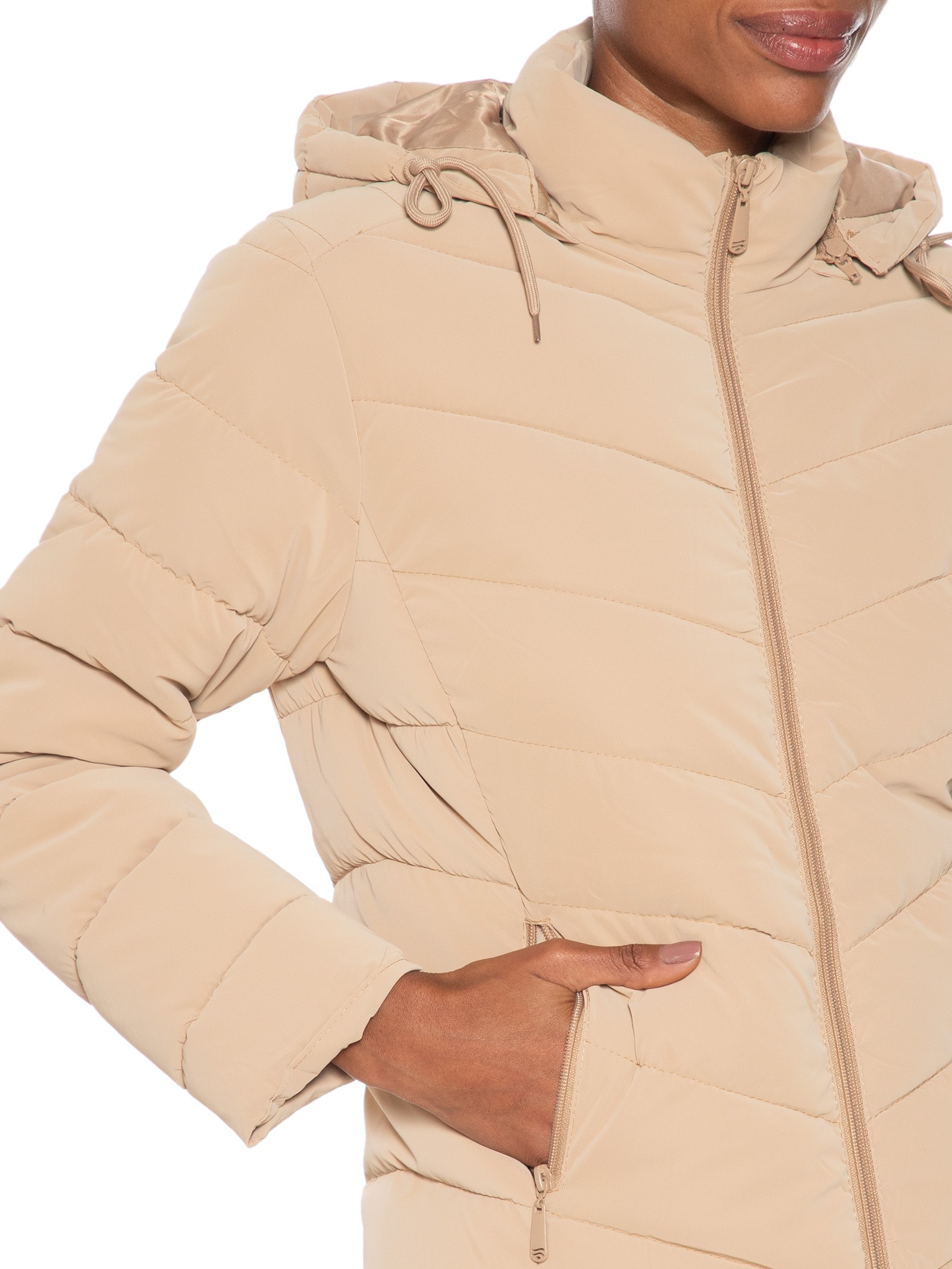 Jaqueta Feminina Puffer Com Bolso Bege Basiq