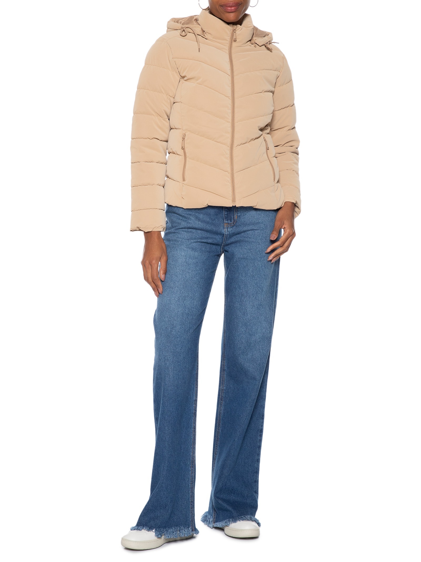 Jaqueta Feminina Puffer Com Bolso Bege Basiq