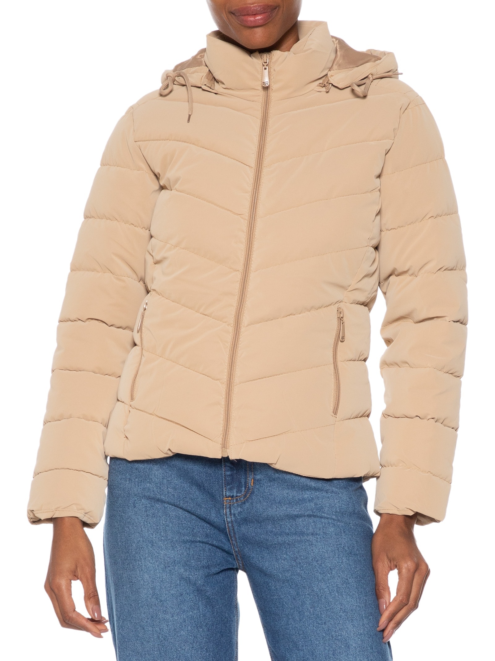 Jaqueta Feminina Puffer Com Bolso Bege Basiq