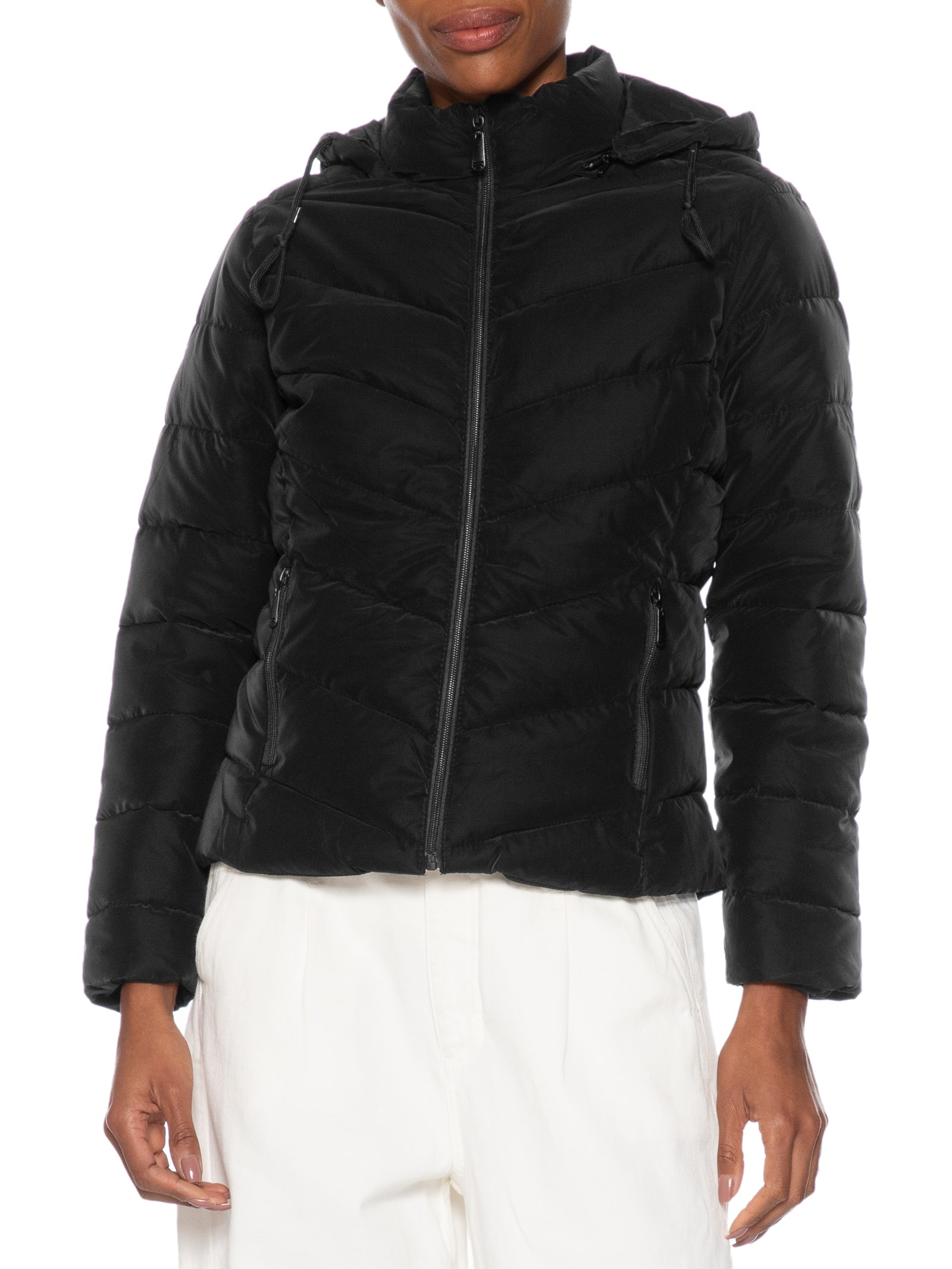 Jaqueta Feminina Puffer Com Bolso Preto Basiq