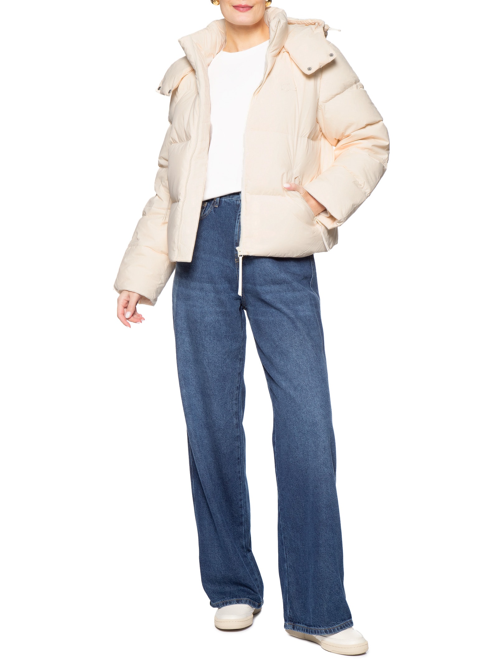 Jaqueta Feminina Puffer Com Capuz Bege Lacoste