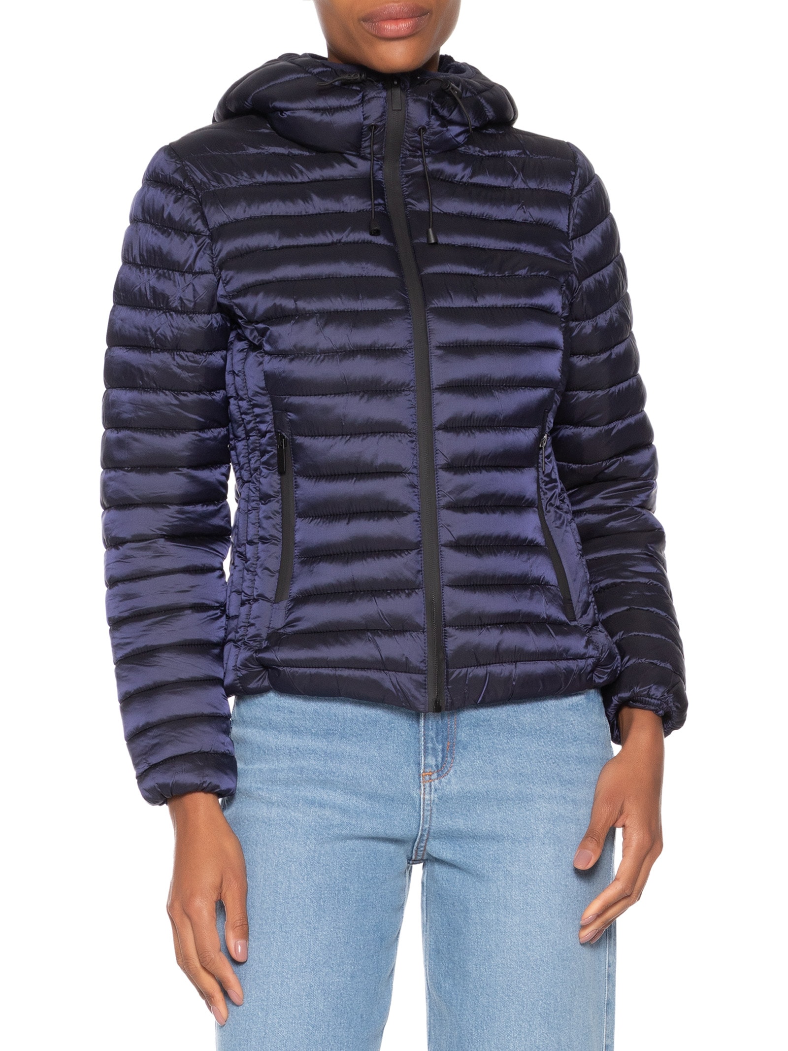 Jaqueta Feminina Puffer Forra Gorro Destacável Azul Basiq