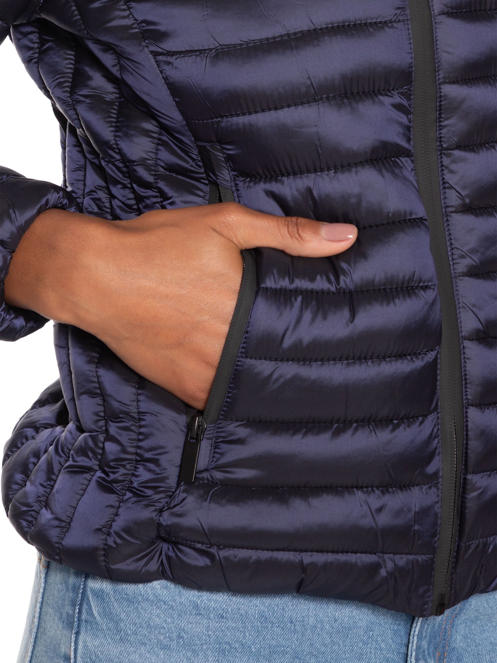 Jaqueta Feminina Puffer Forra Gorro Destacável Azul Basiq