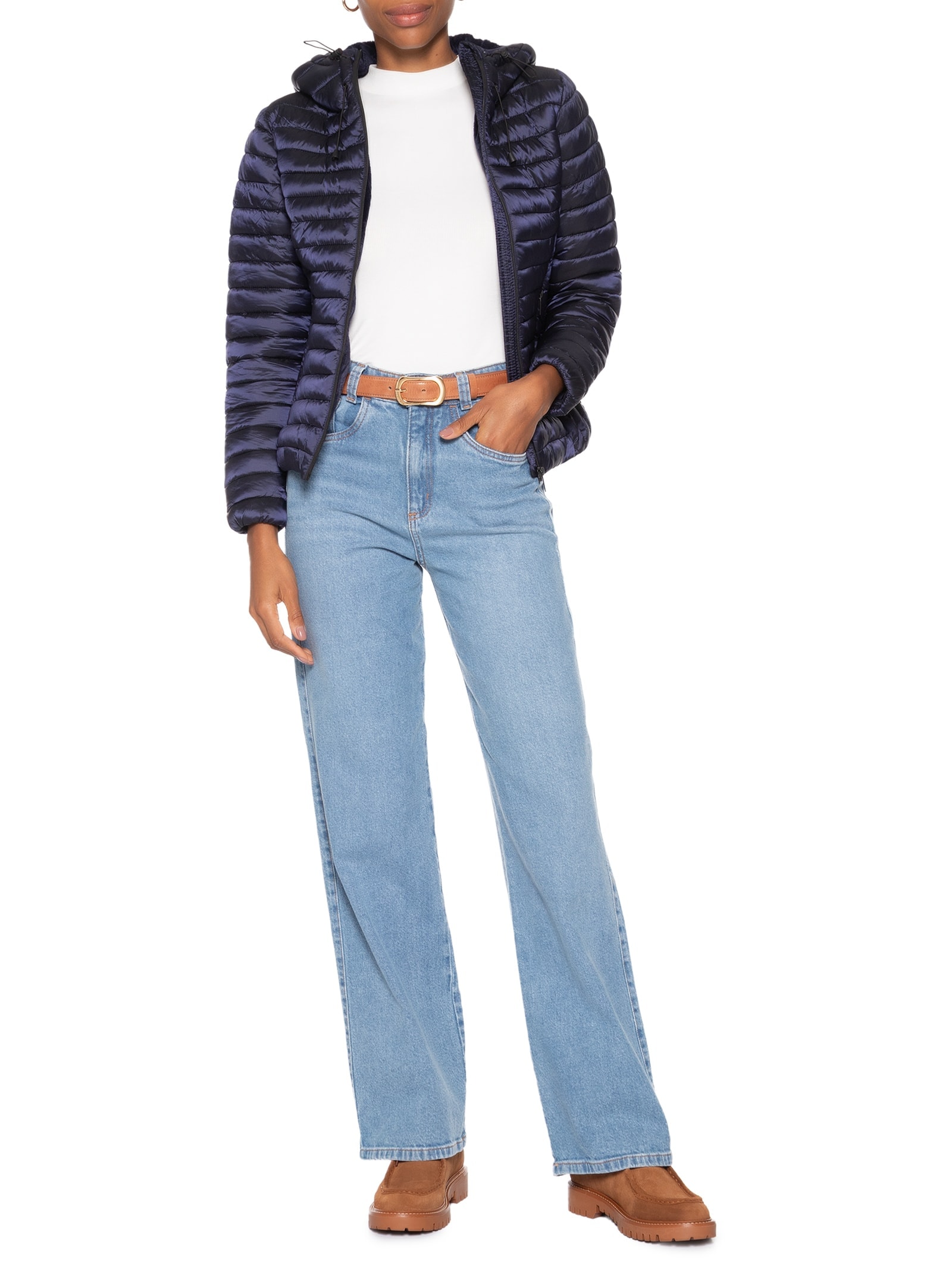 Jaqueta Feminina Puffer Forrada Com Gorro Destacável Azul Basiq