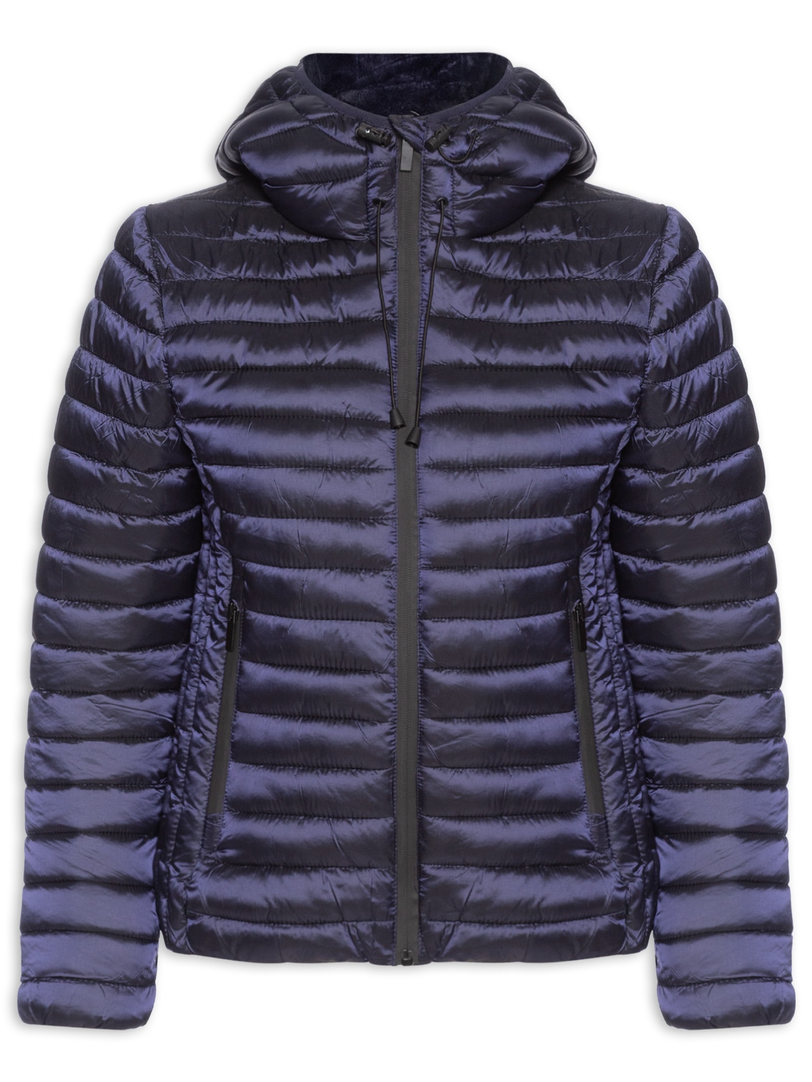 Jaqueta Feminina Puffer Forrada Com Gorro Destacável Azul Basiq