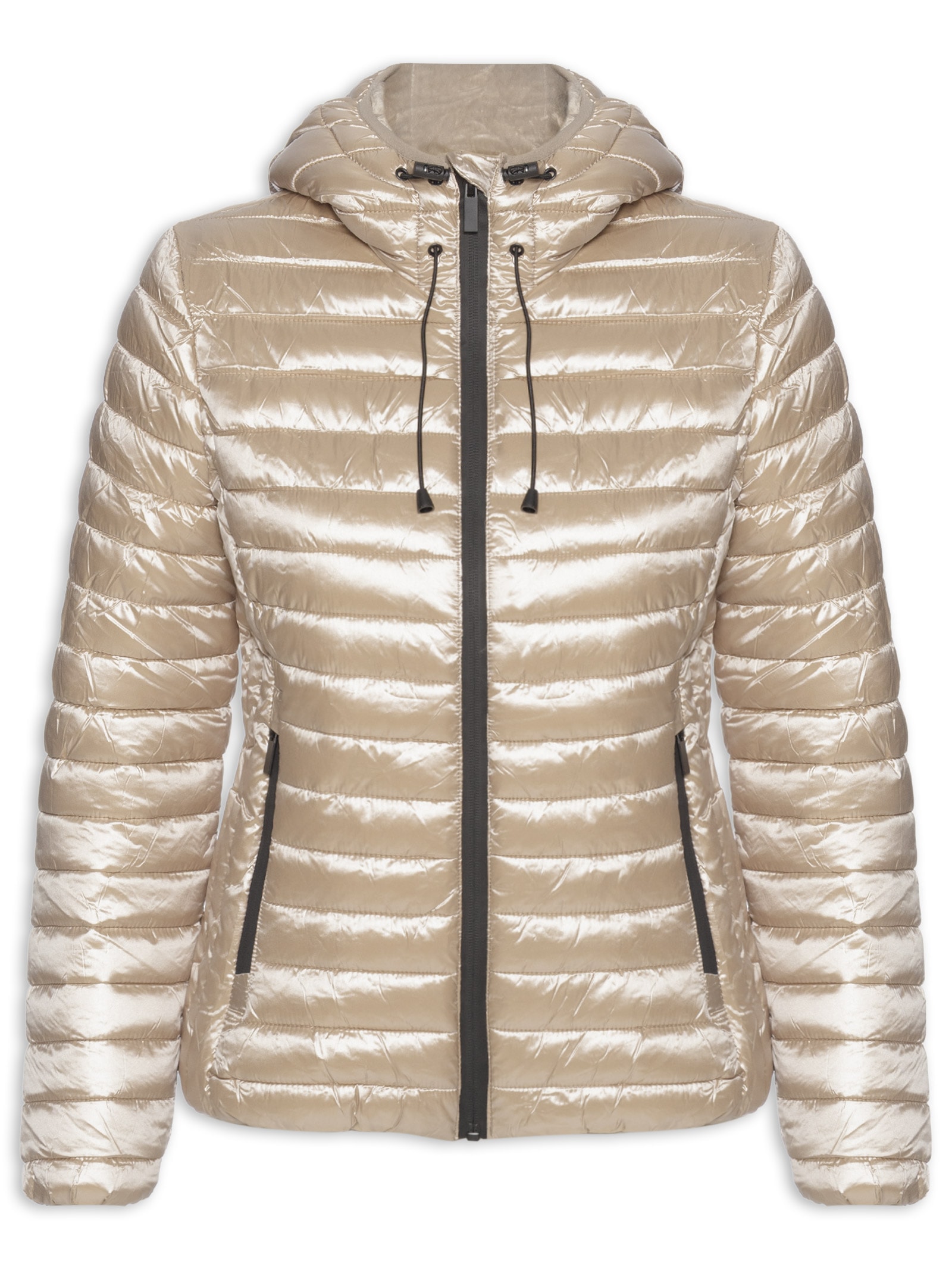 Jaqueta Feminina Puffer Forrada Com Gorro Destacável Bege Basiq