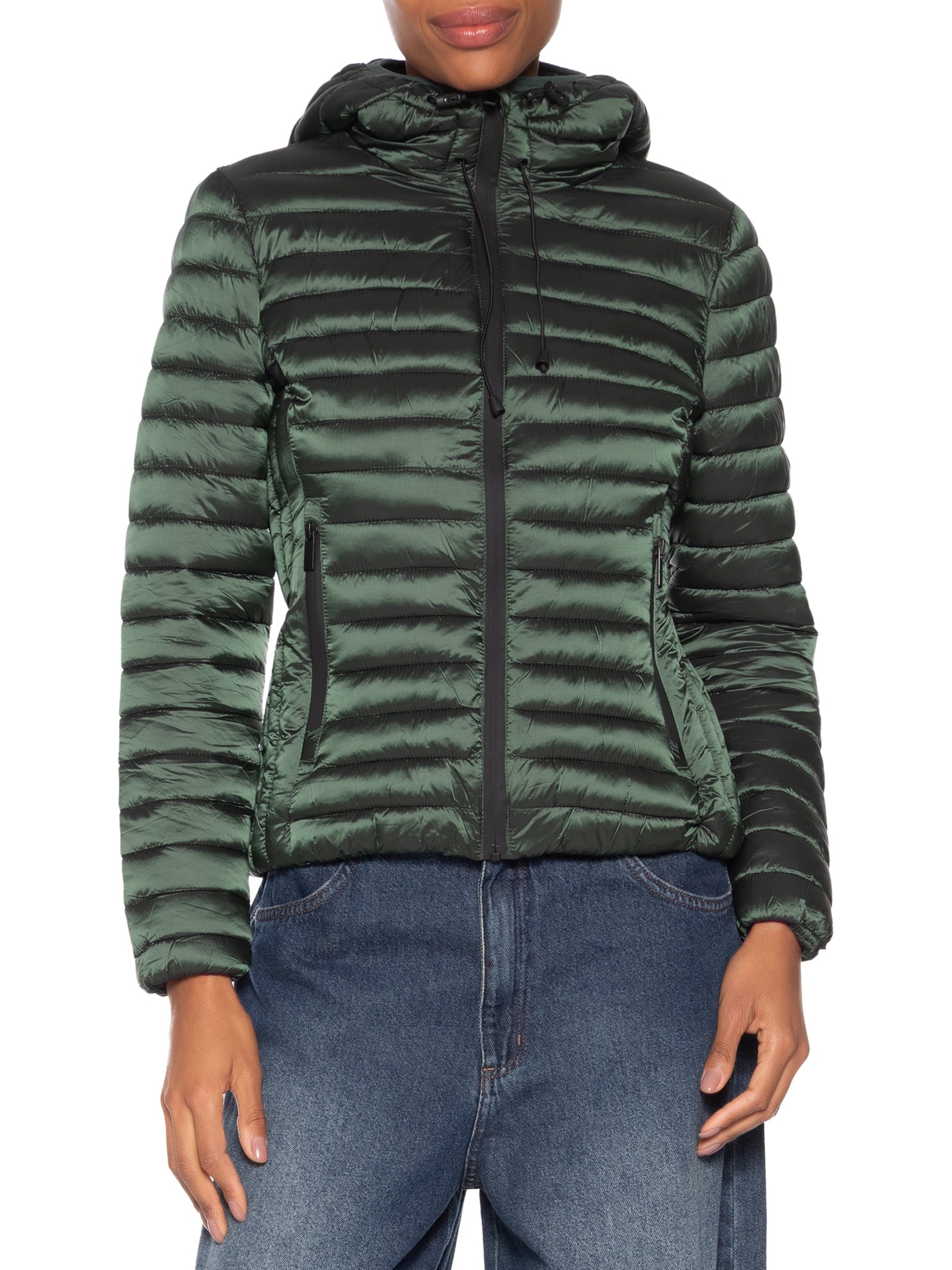 Jaqueta Feminina Puffer Forrada Com Gorro Destacável Verde Basiq