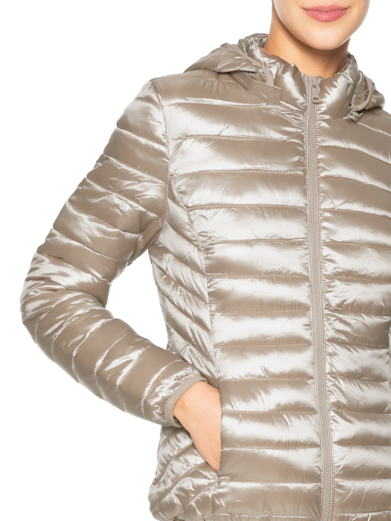 Jaqueta Feminina Puffer Gorro Destacável Bege Basiq