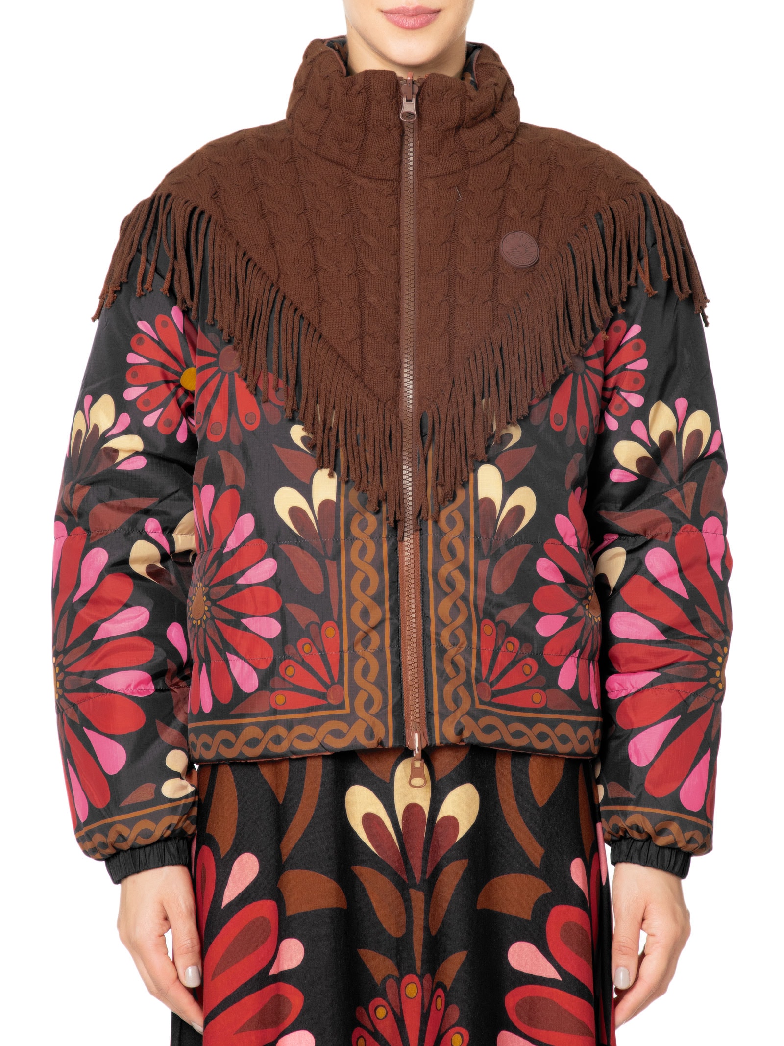 Jaqueta Feminina Puffer Tricot Crochet Reversível - Farm - Marrom