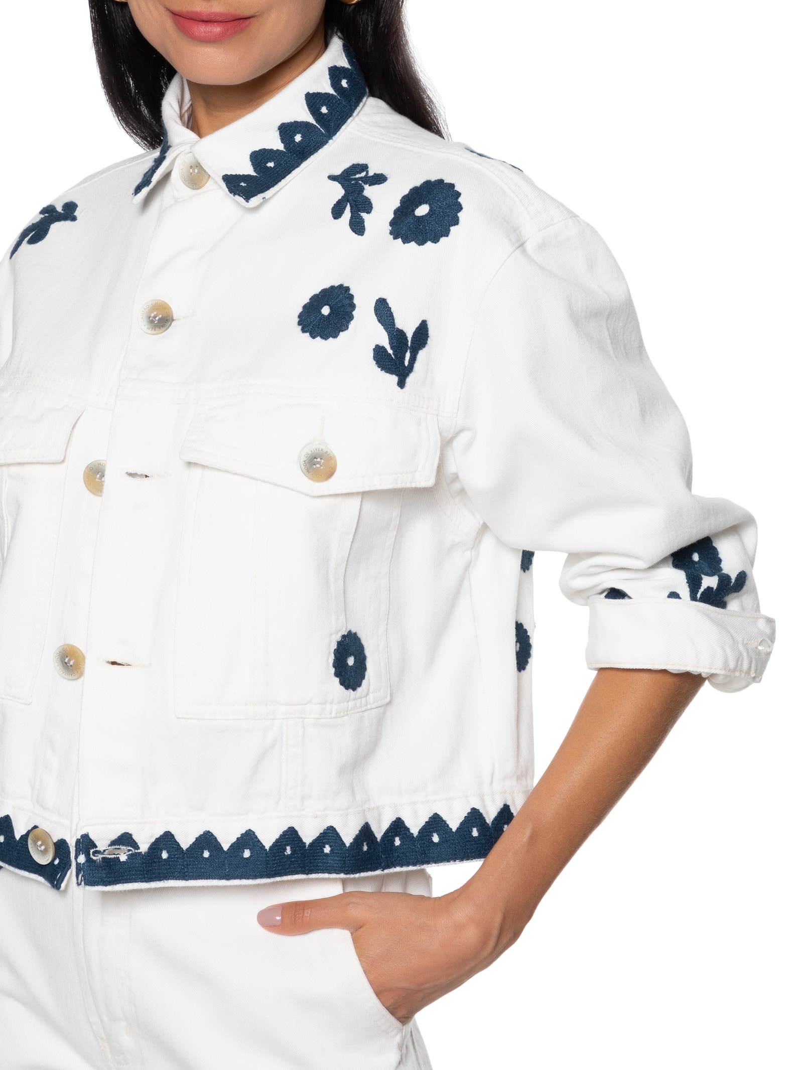 美品☆プラダ CLOQUET FLOWER JACKET ジャガード ブルゾン Cantão - Jaqueta Feminina Sarja Bordado Flores - Branco