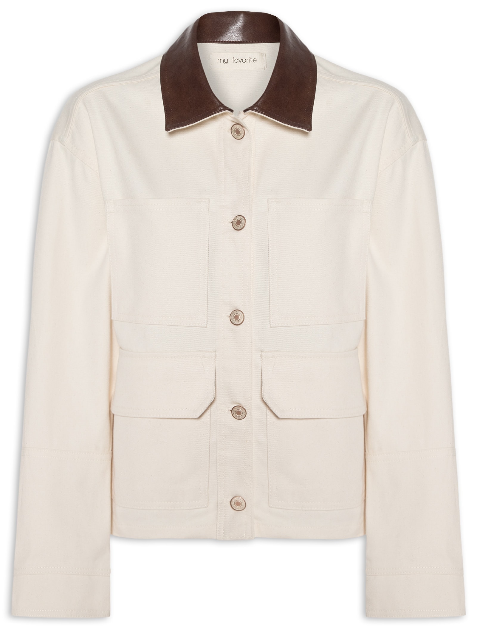 Jaqueta Feminina Sarja Com Gola Contrastante Bege My Favorite