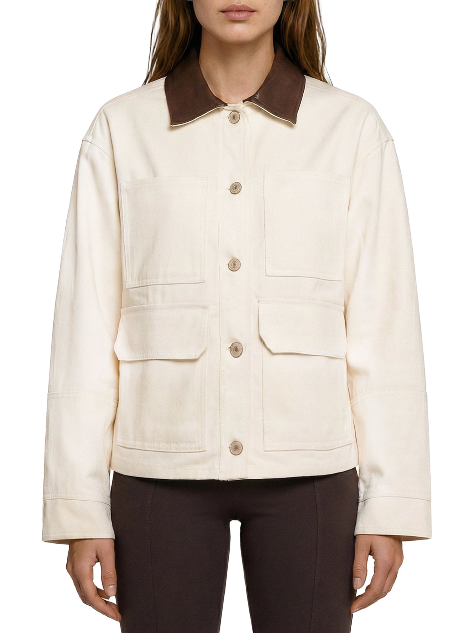 Jaqueta Feminina Sarja Com Gola Contrastante Bege My Favorite