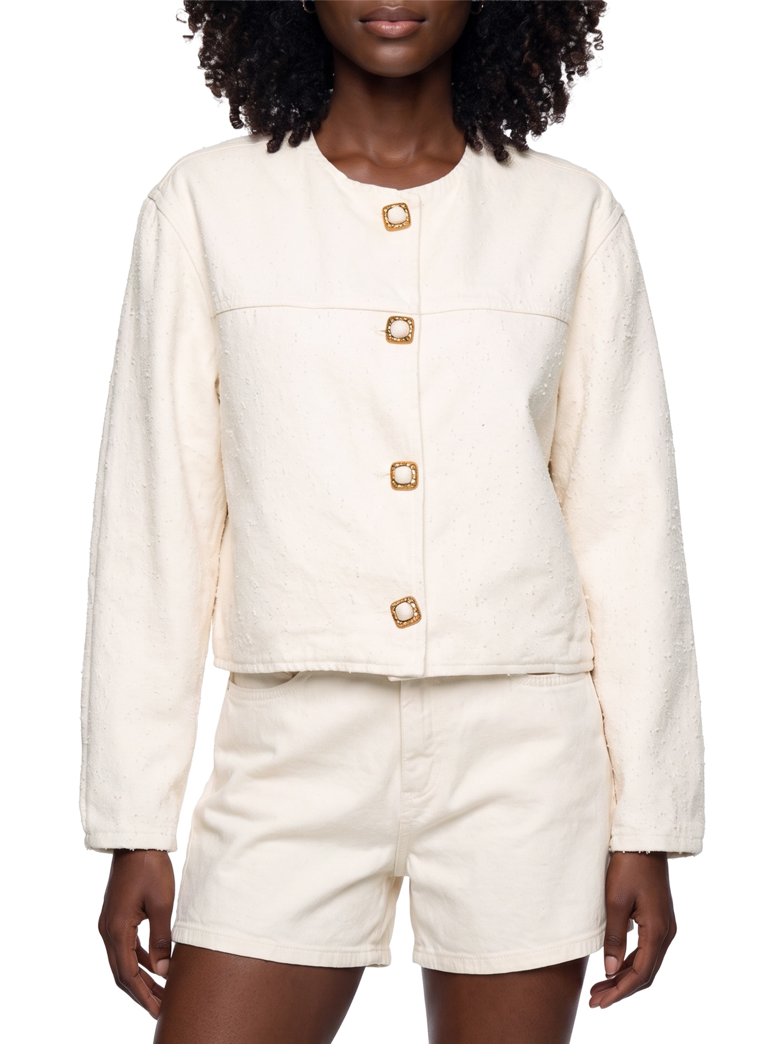 Jaqueta Feminina Sarja Gola Careca Off White Lança Perfume