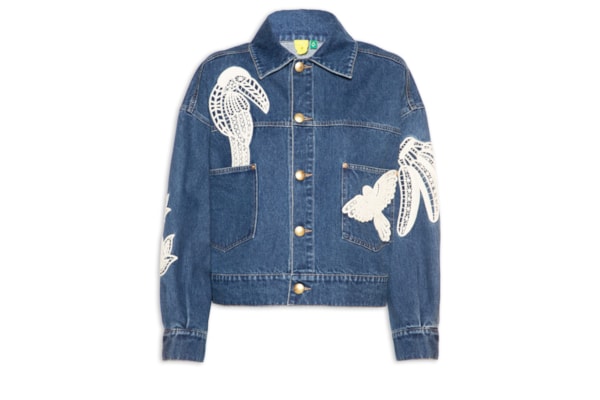 Jaqueta Jeans Feminina Bordada Guipere - Azul