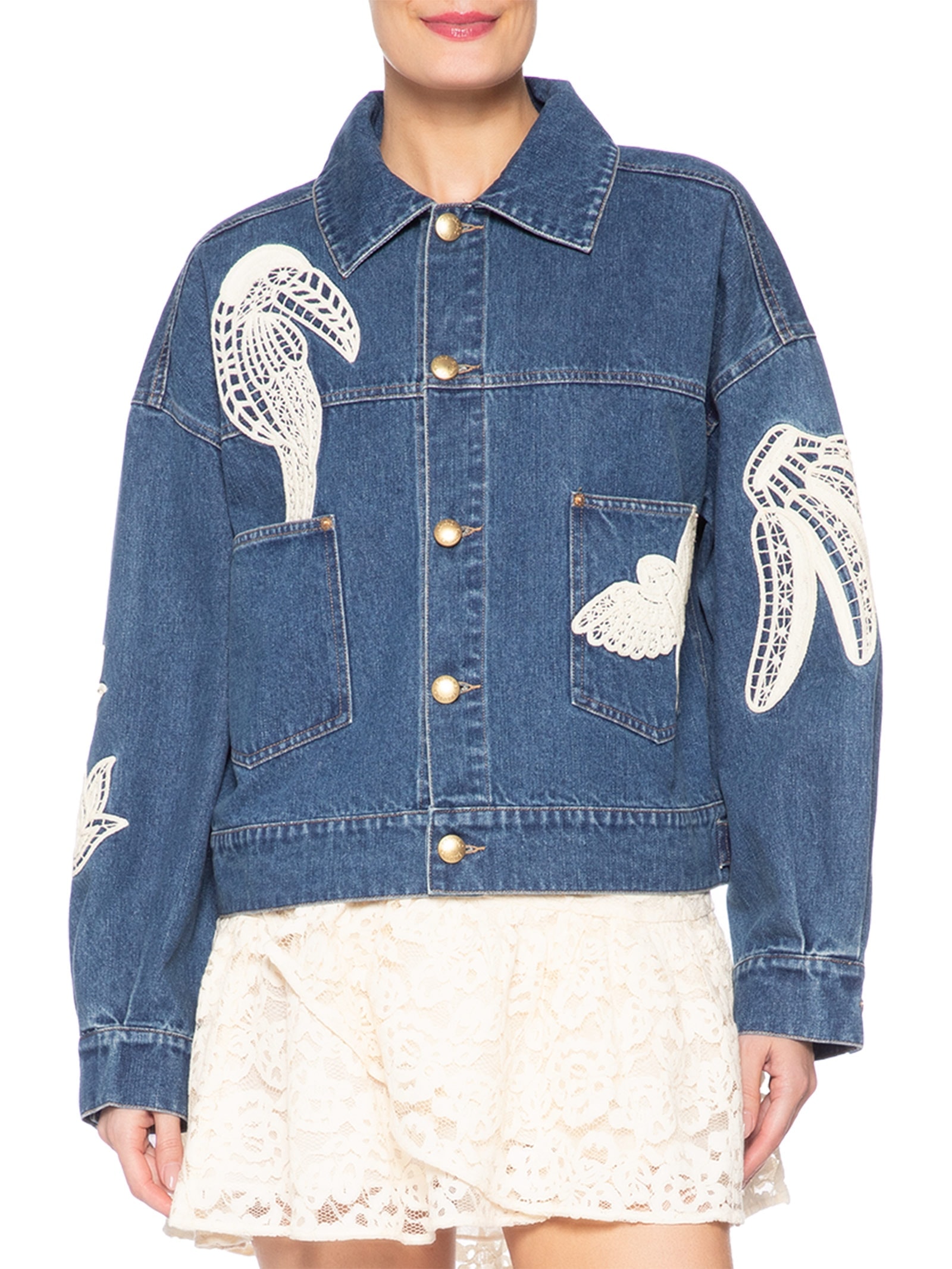Jaqueta Jeans Feminina Bordada Guipere Azul Farm