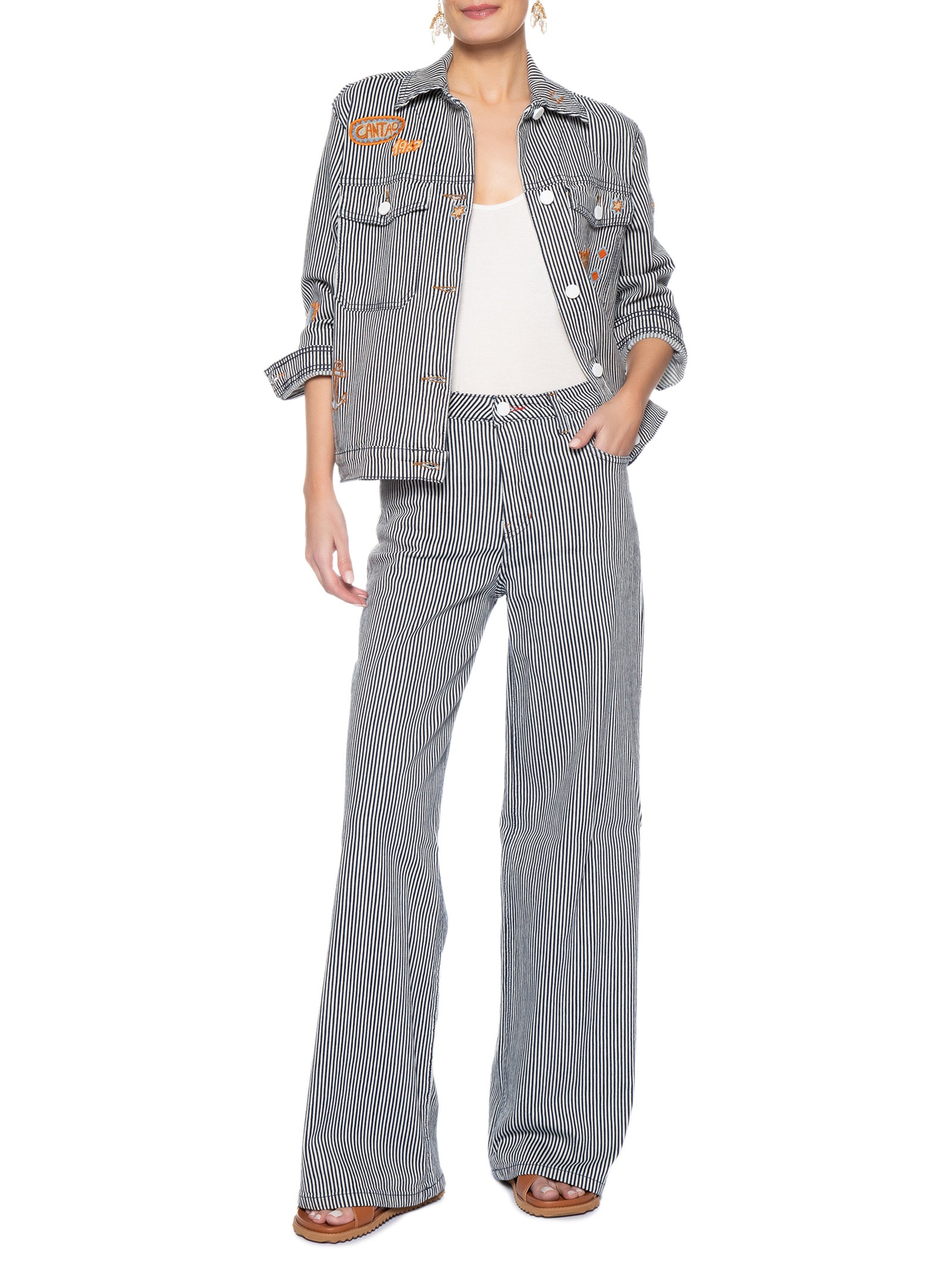 Jaqueta Jeans Feminina Listra Bordado Navegar Preto Cantão