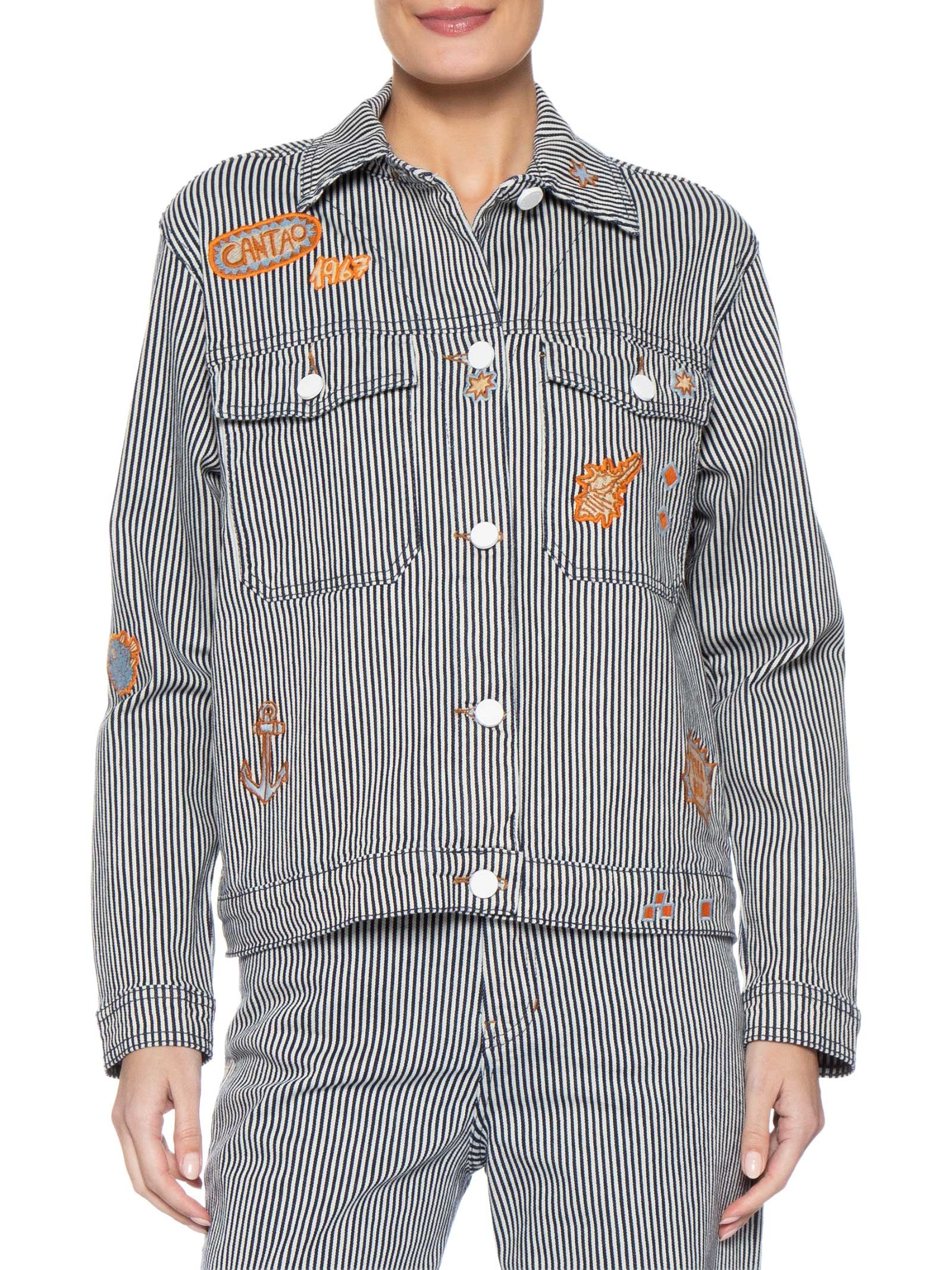 Jaqueta Jeans Feminina Listra Bordado Navegar Preto Cantão