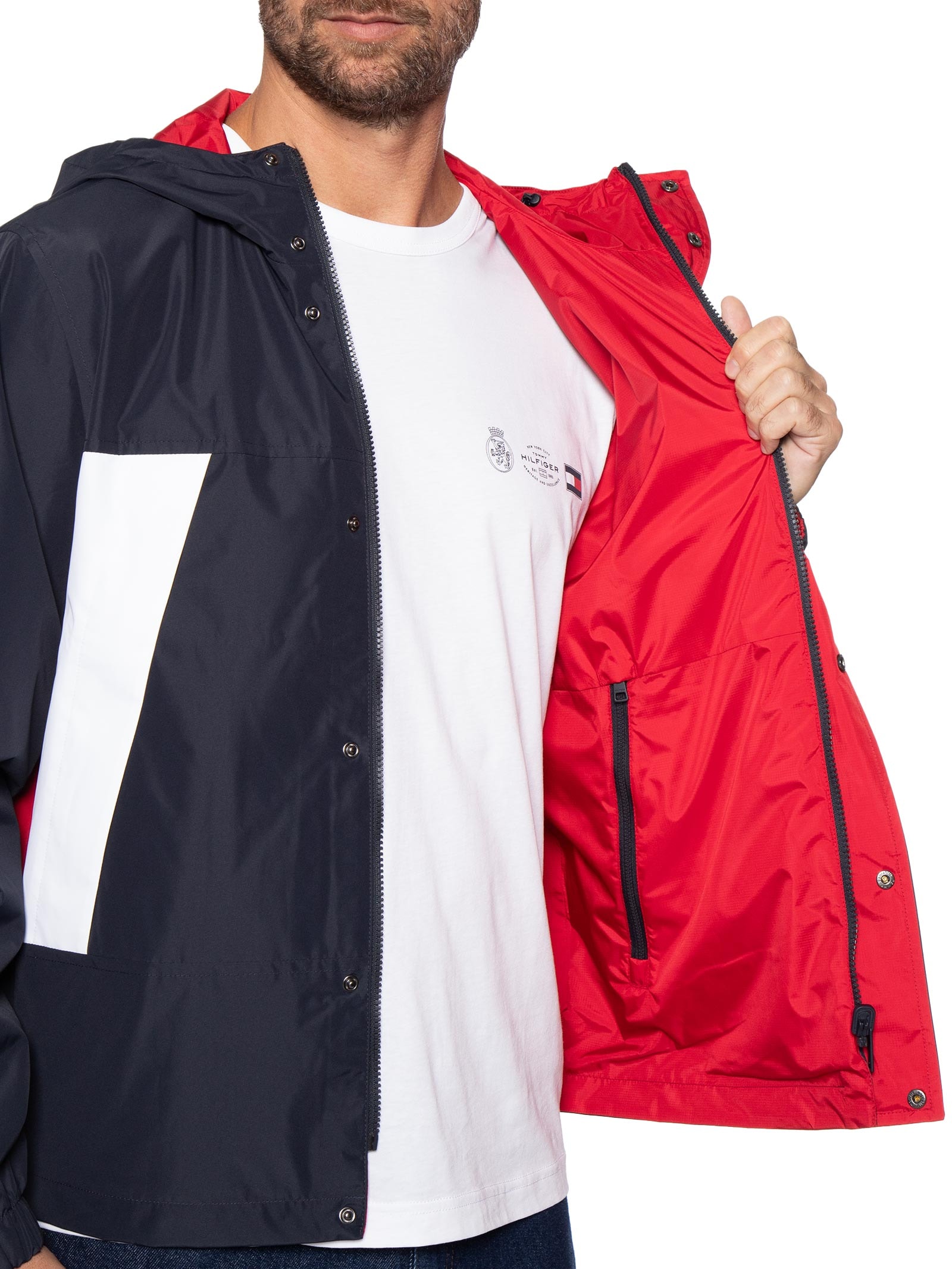 Jaqueta Masculina Corta Vento Dupla Face Color Block Azul Tommy Hilfiger