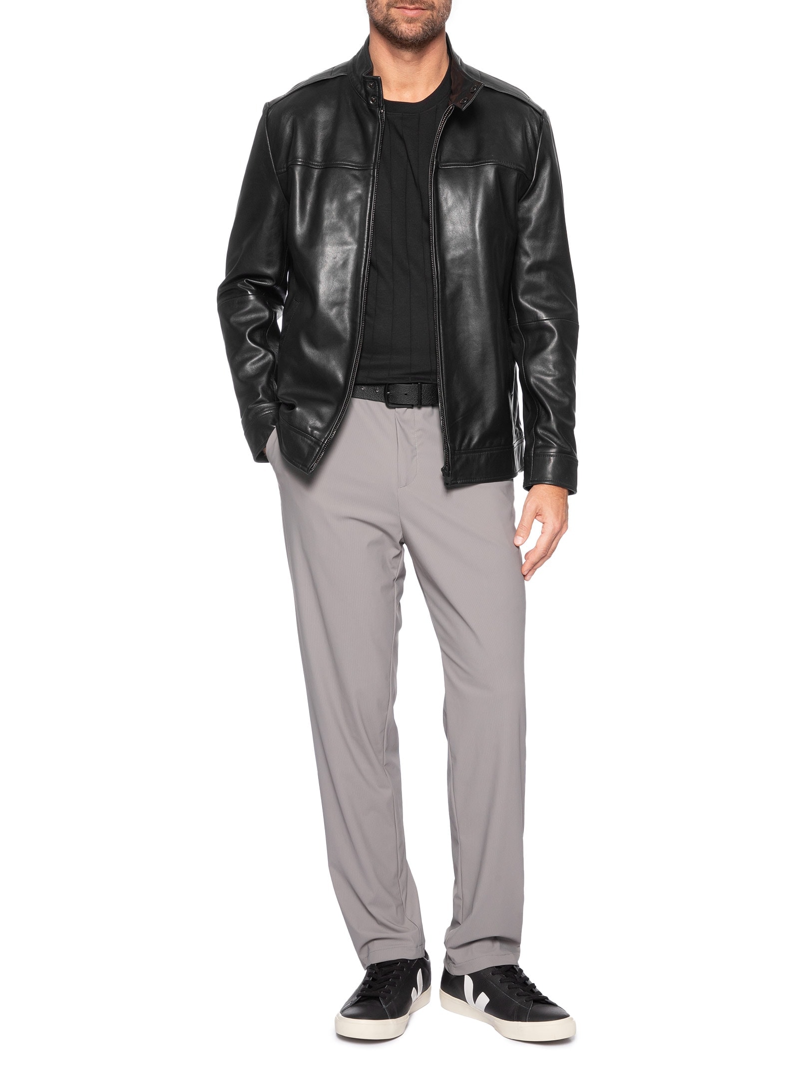 Jaqueta Masculina Couro Motorcycle Preto Aramis
