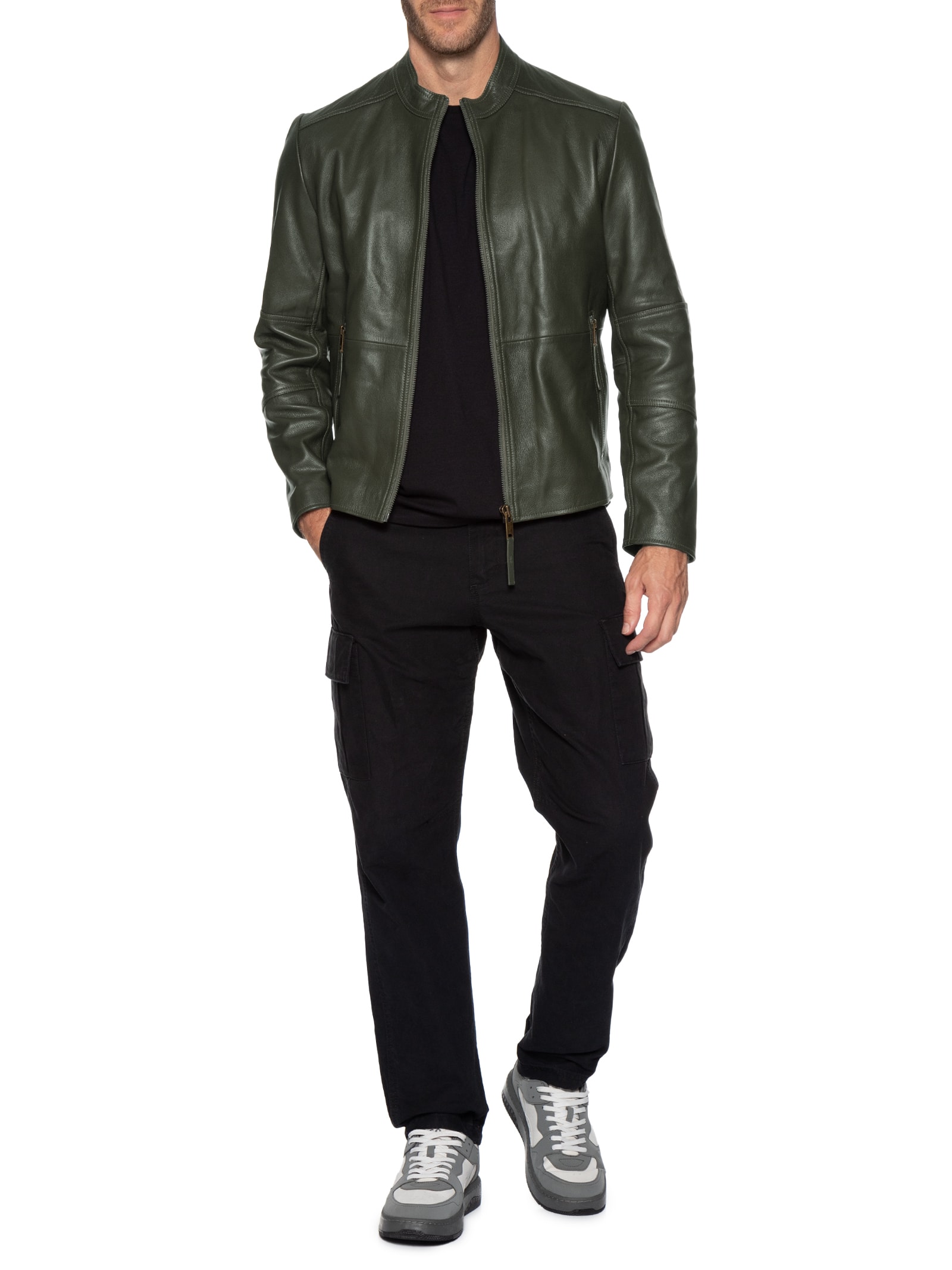 Jaqueta Masculina De Couro Slim-Fit Loki-3 Verde Hugo