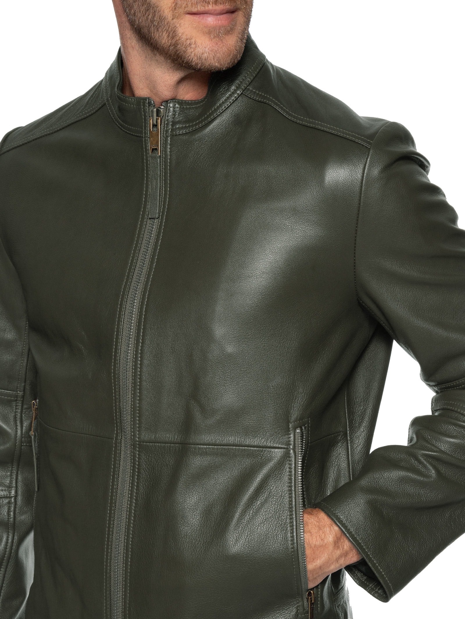 Jaqueta Masculina De Couro Slim-Fit Loki-3 Verde Hugo