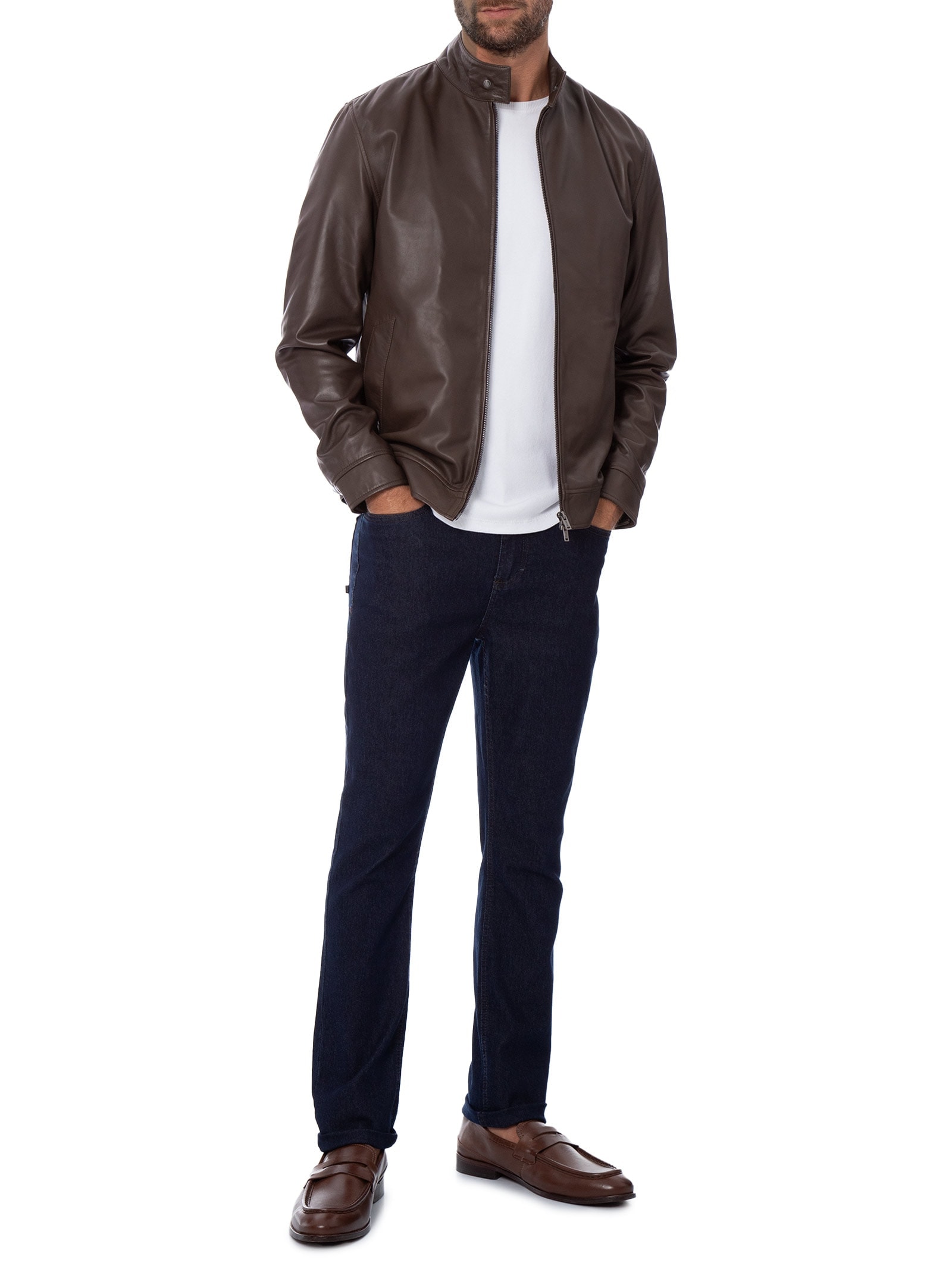 Jaqueta Masculina Harrington Couro Marrom Oficina Reserva